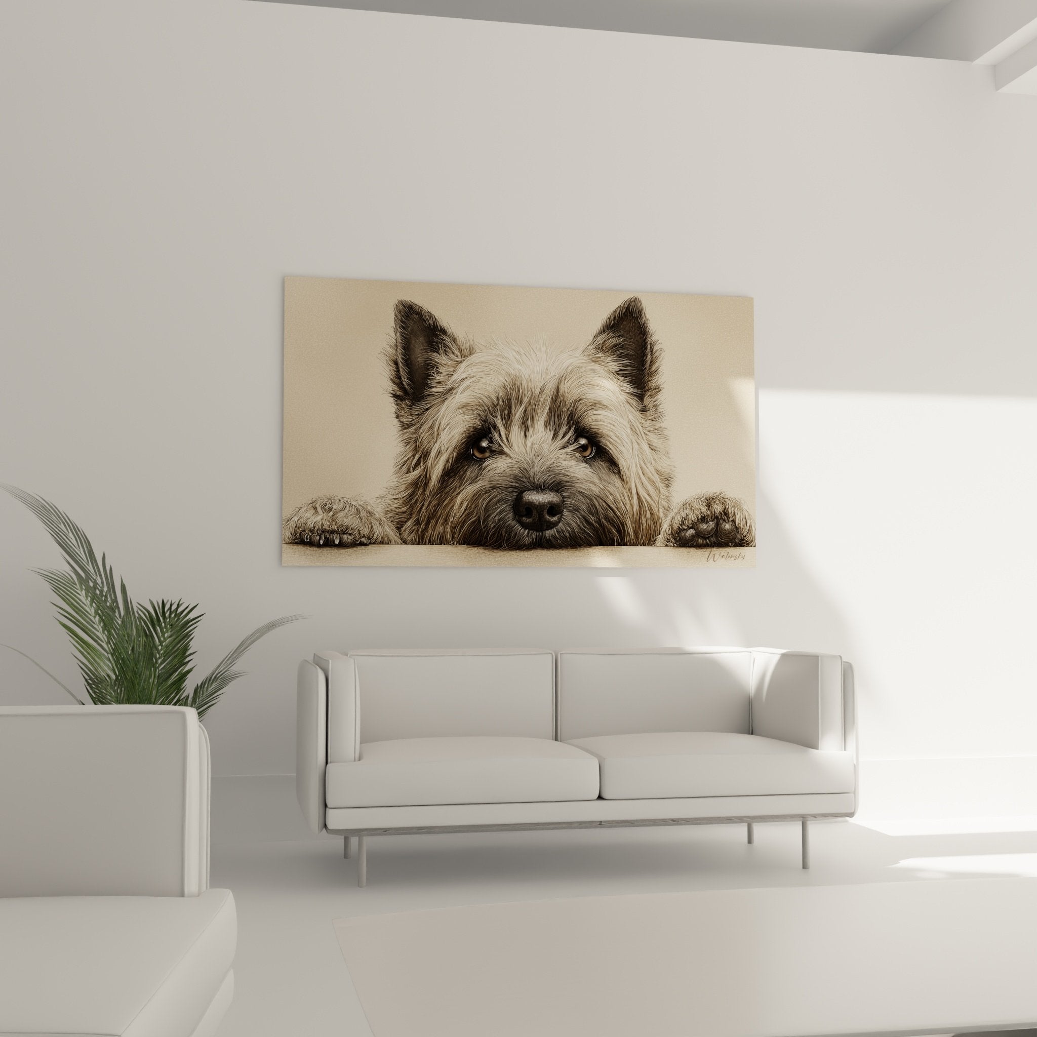 Gros plan portrait Cairn Terrier yeux expressifs pelage detaille technique realiste art animalier