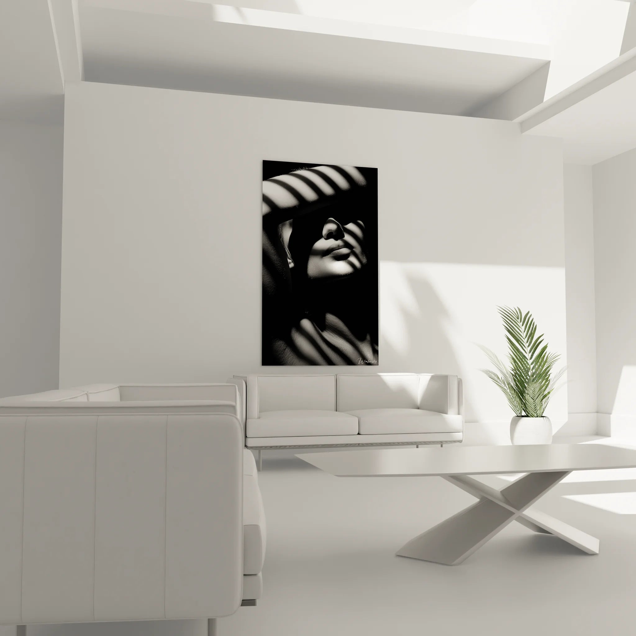 Gros plan tableau portrait féminin noir et blanc - Détails ombres lumineuses sur visage artistique