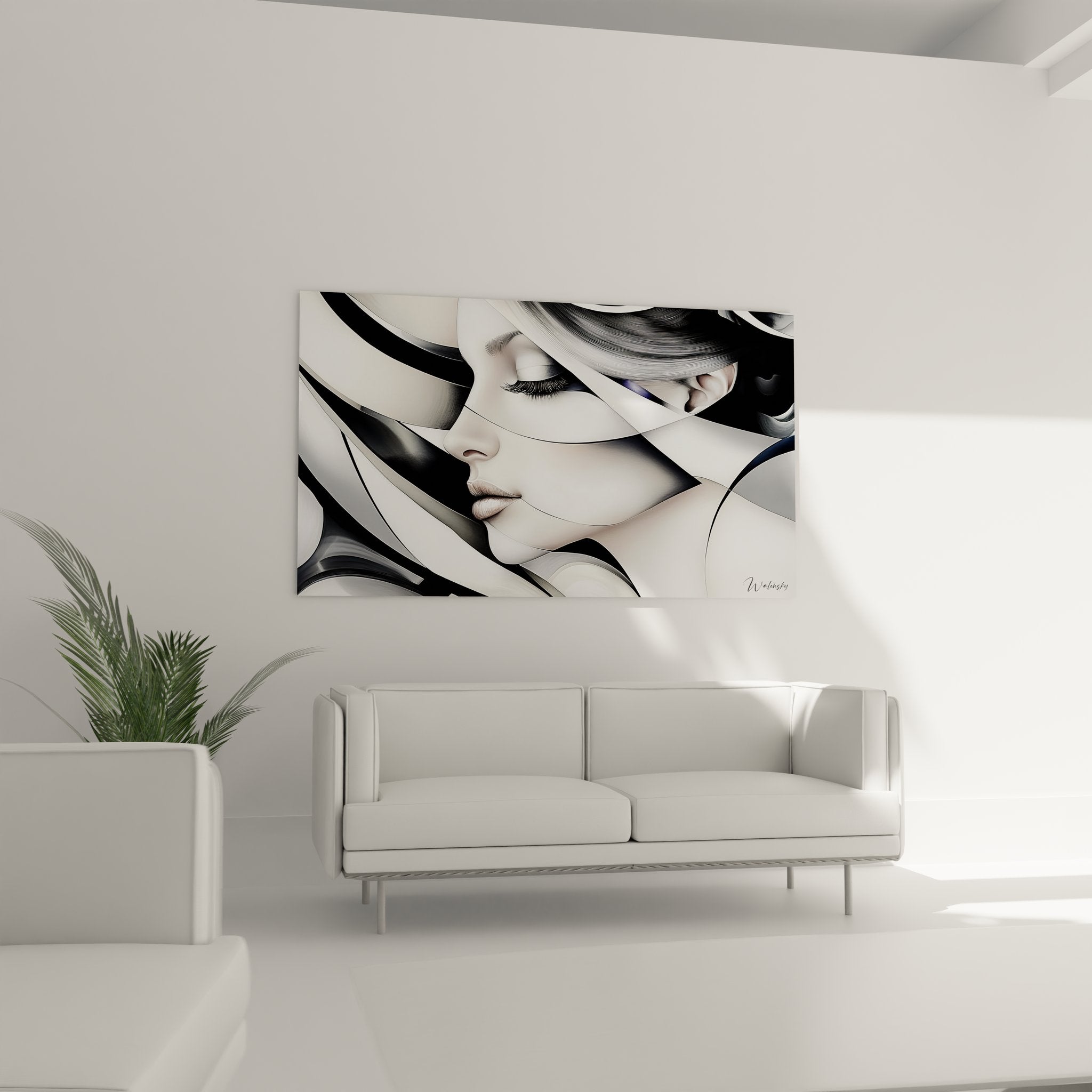 Gros plan sur tableau portrait femme abstraite montrant détails des courbes géométriques artistiques