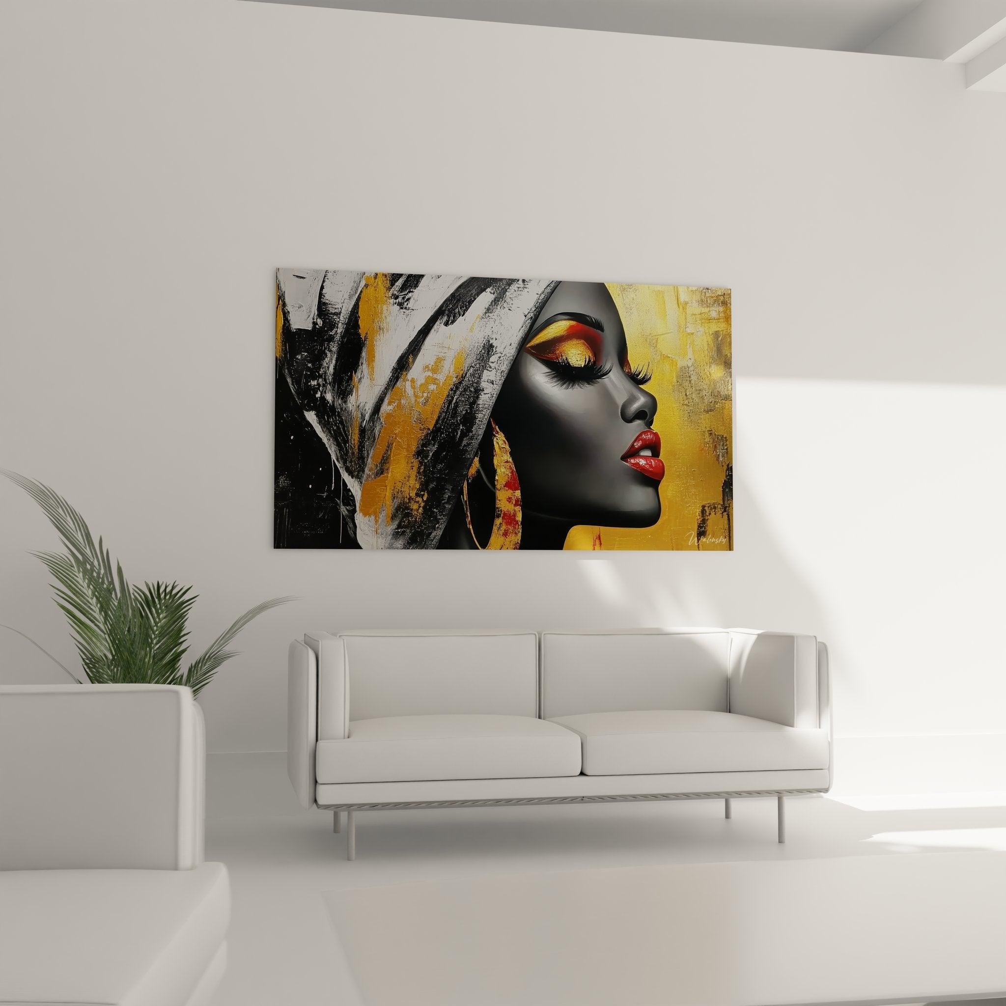 Gros plan tableau portrait femme africaine, détails maquillage doré et textures artistiques modernes