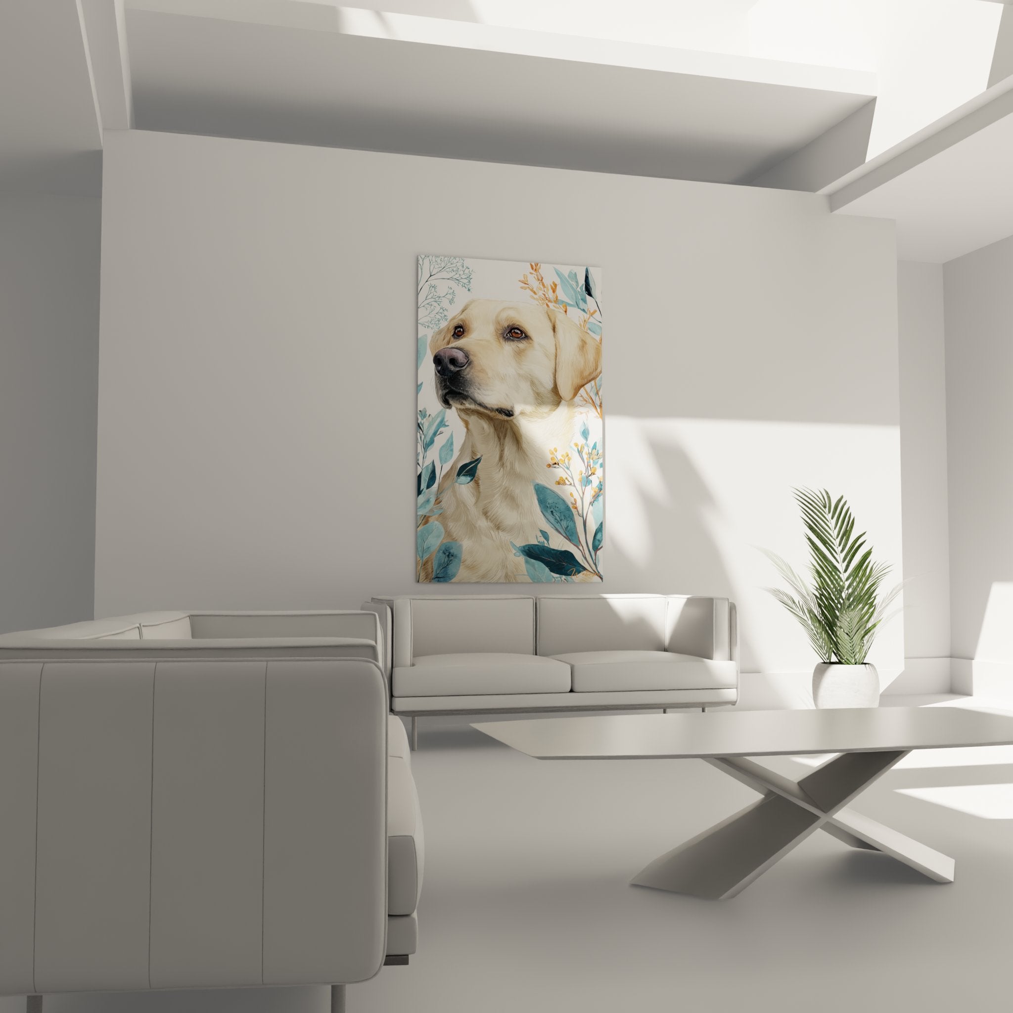 Nahaufnahme eines Labrador-Porträts mit bernsteinfarbenen Augen, goldener Fellstruktur und dekorativer Vegetation