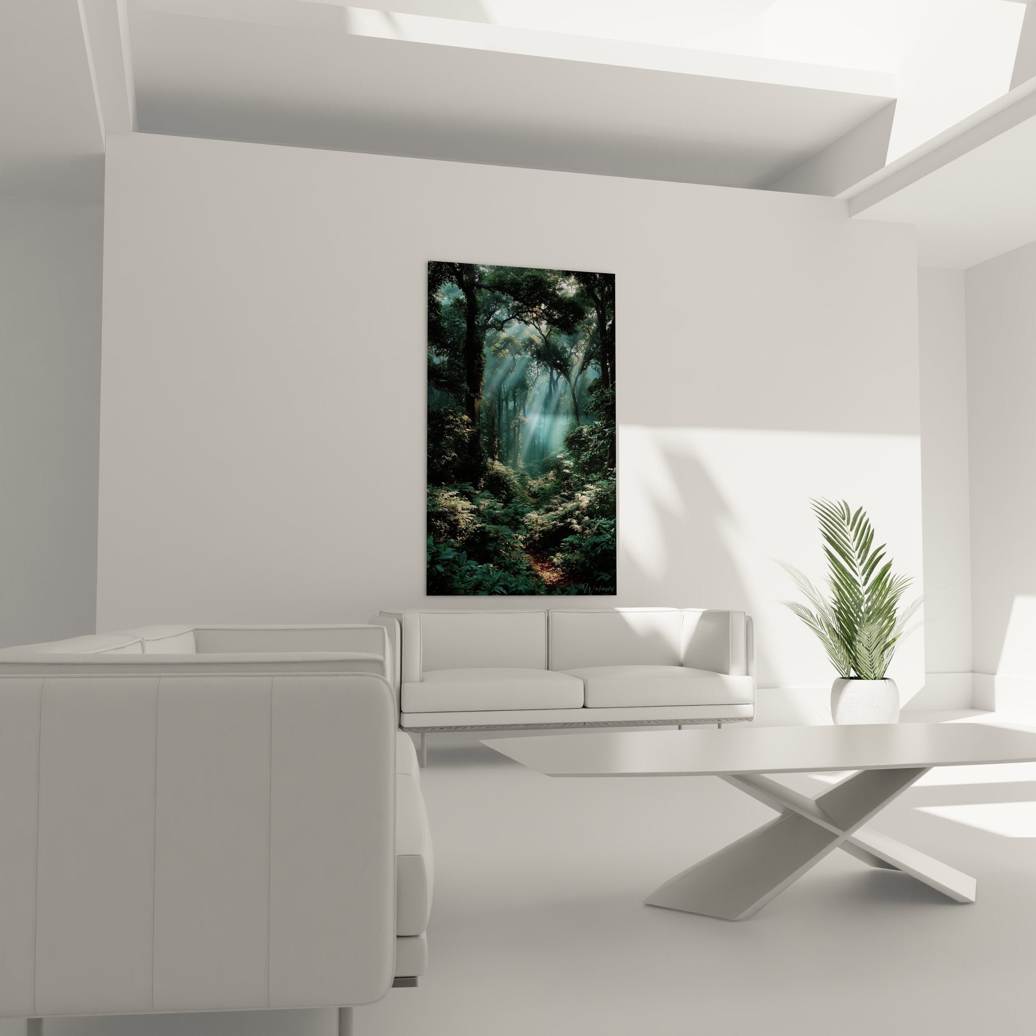 Gros plan détails tableau rayons lumineux dorés traversant feuillage dense forêt avec jeux ombres lumière