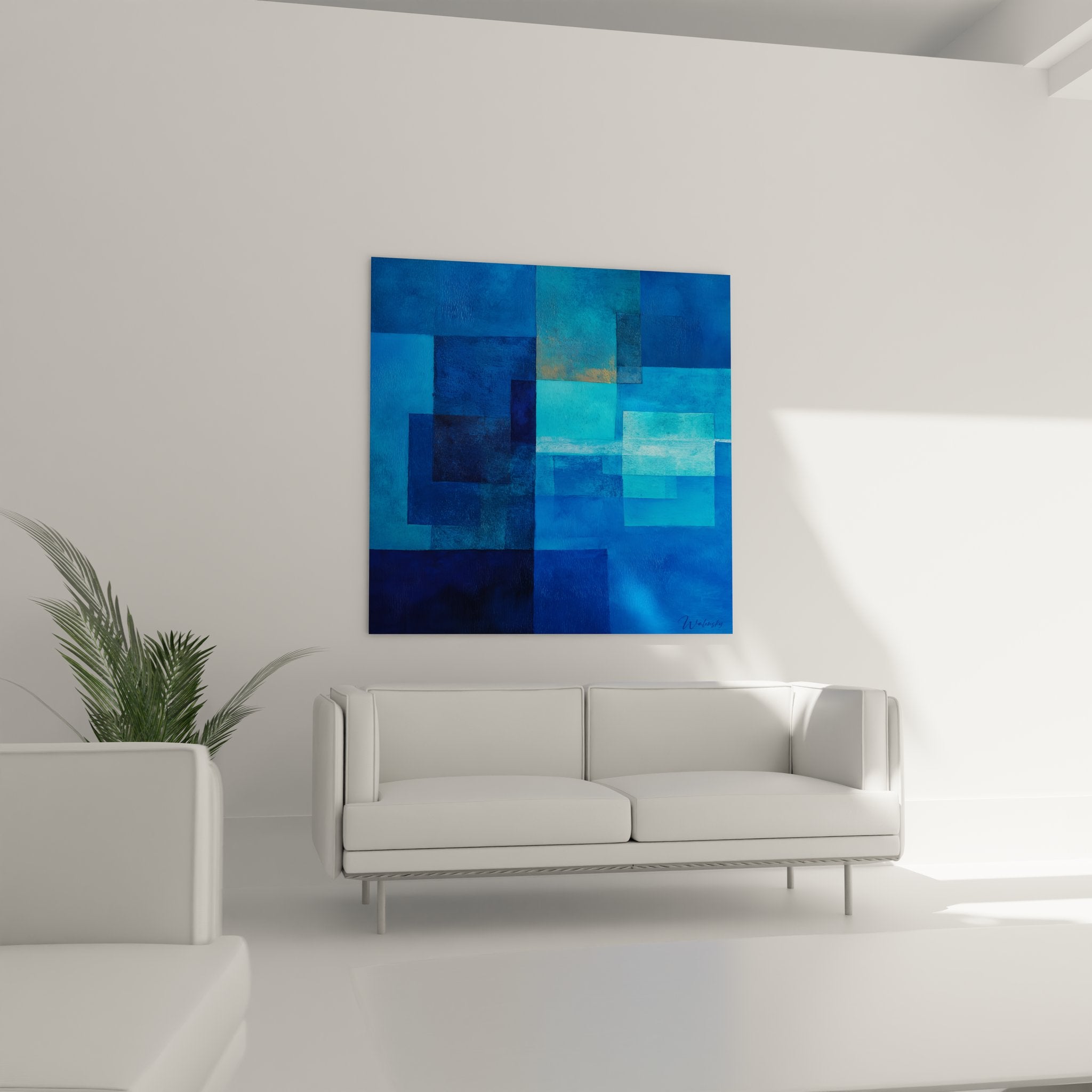 Gros plan tableau géométrique rectangles bleus superposés texture peinture abstraite détail