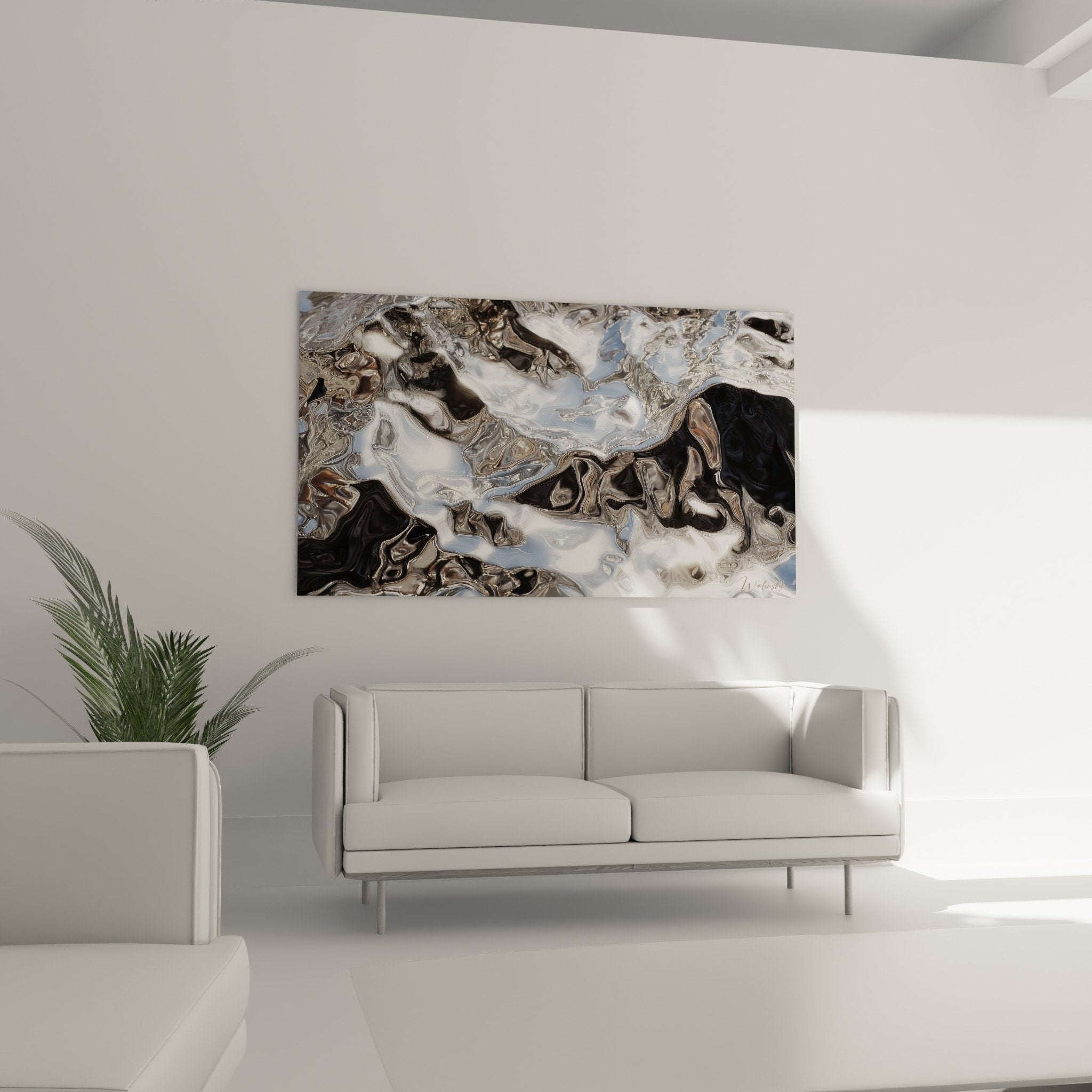 Close-up silver metallic reflections fluid abstract artwork feng shui west metal