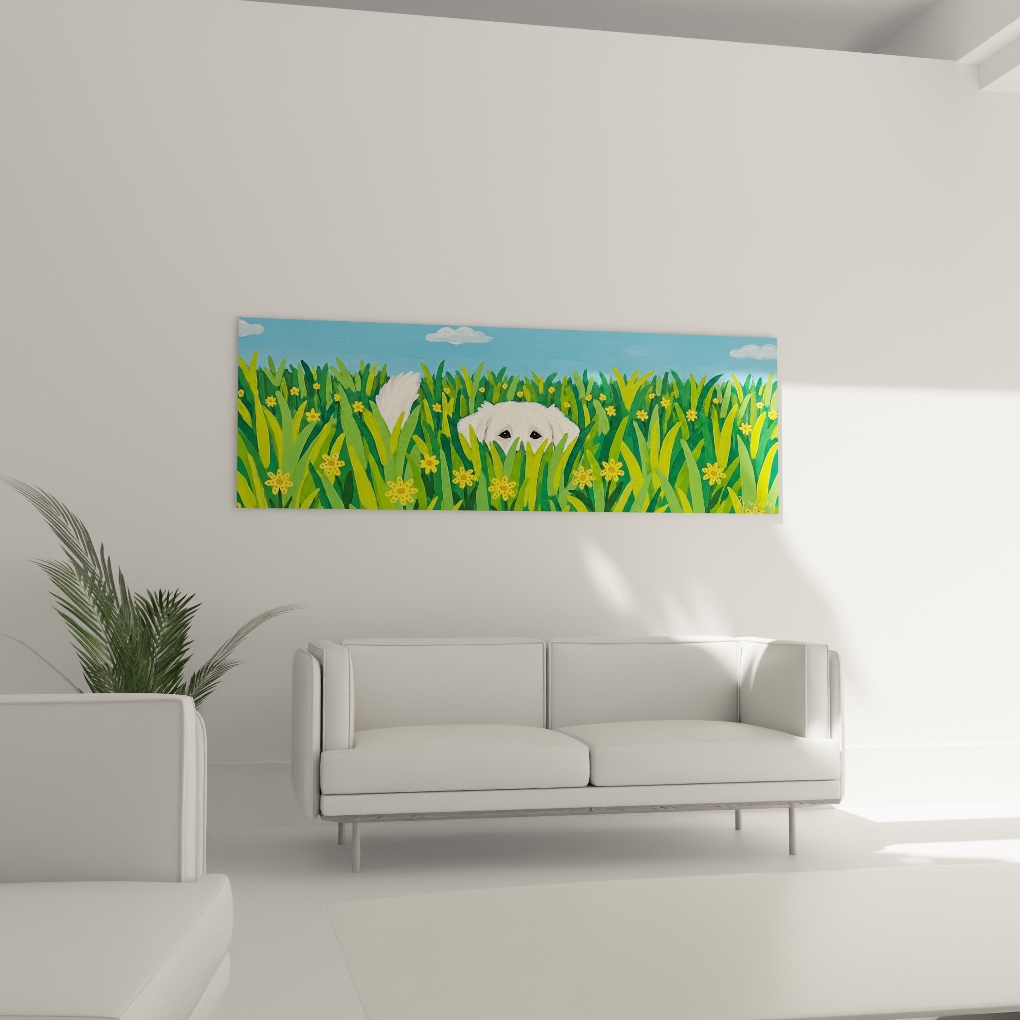 Nahaufnahme zartem Blick weißer Welpe dunkle Augen aus grünem Gras Wiese gelbe Blumen hervorschauend
