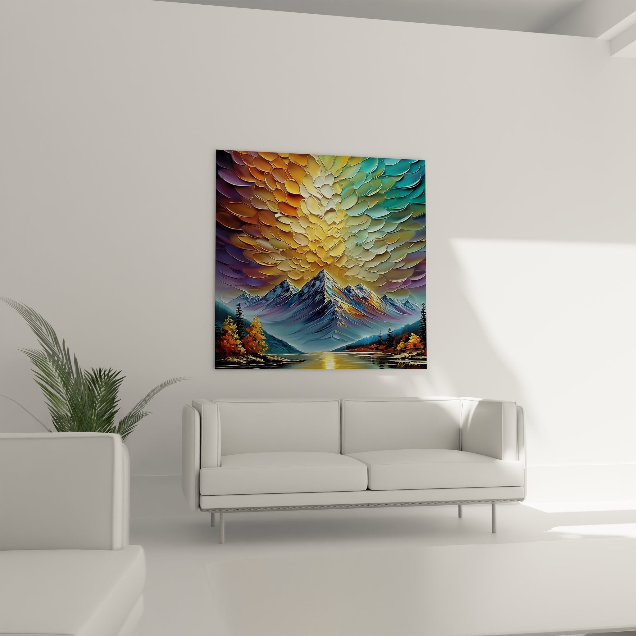 Gros plan texture relief nuages dorés tableau montagne avec détails sculptés tridimensionnels