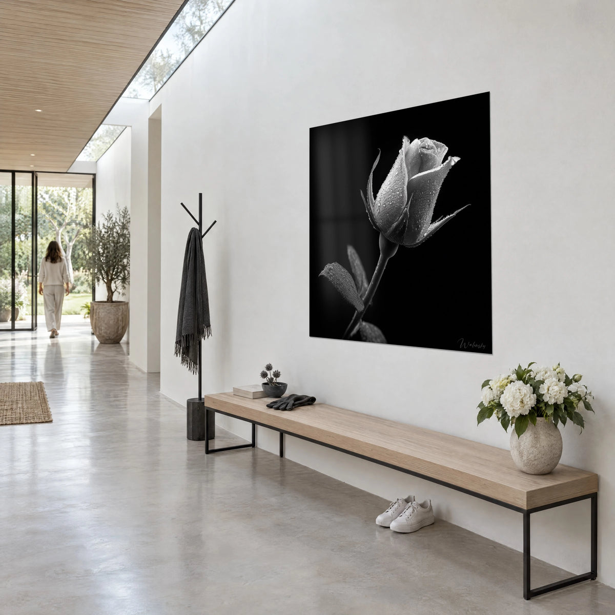 Tableau rose en bouton couverte de rosée, pétales gris perle et feuilles charbon, vue de trois-quarts, couloir et banc en bois