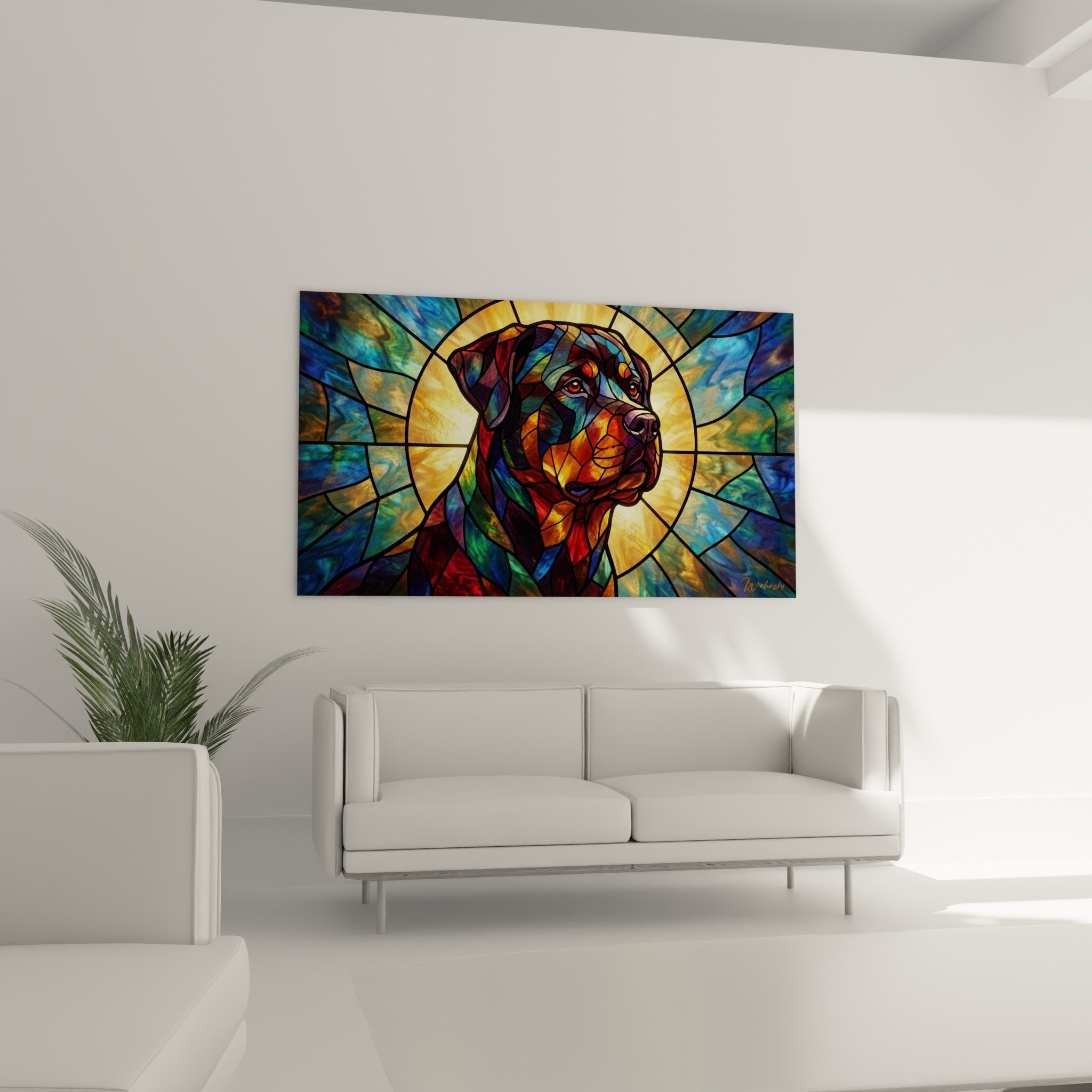 Nahaufnahme Porträt Rottweiler im Mosaik-Stil mit farbenfrohem Design und intensivem Blick, leuchtend orange Augen