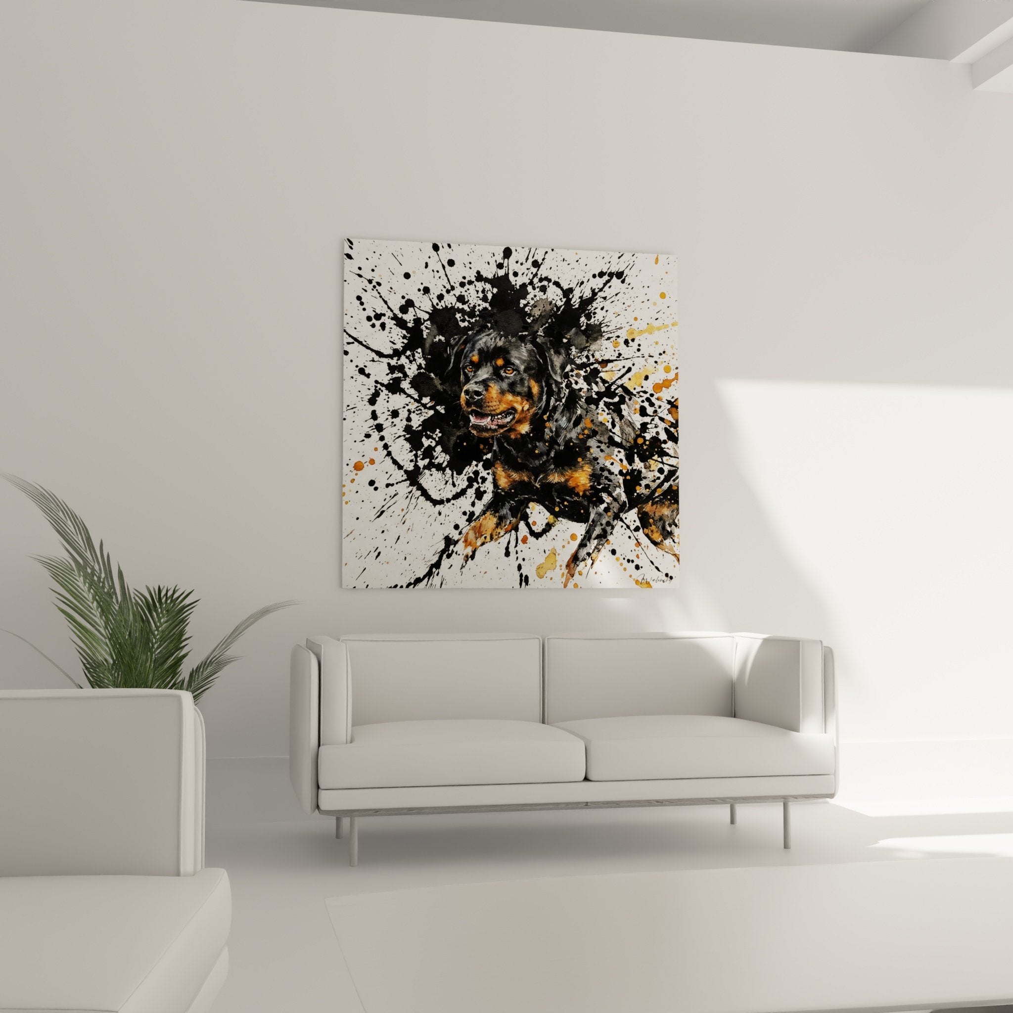 Close-up intense gaze Rottweiler amber eyes surrounded by paint splatters contemporary style