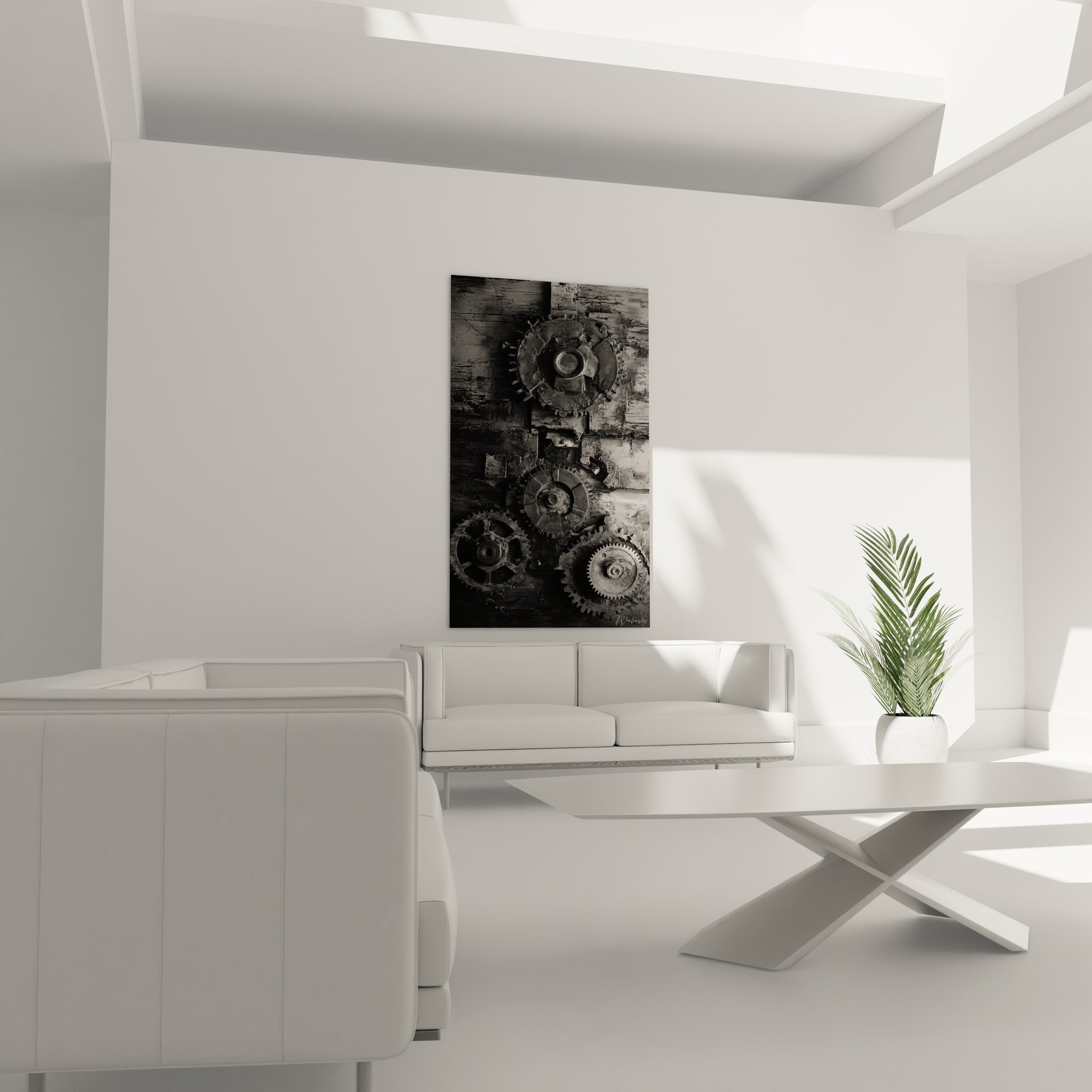 Gros plan détaillé des roues dentées et mécanismes circulaires du tableau art mécanique