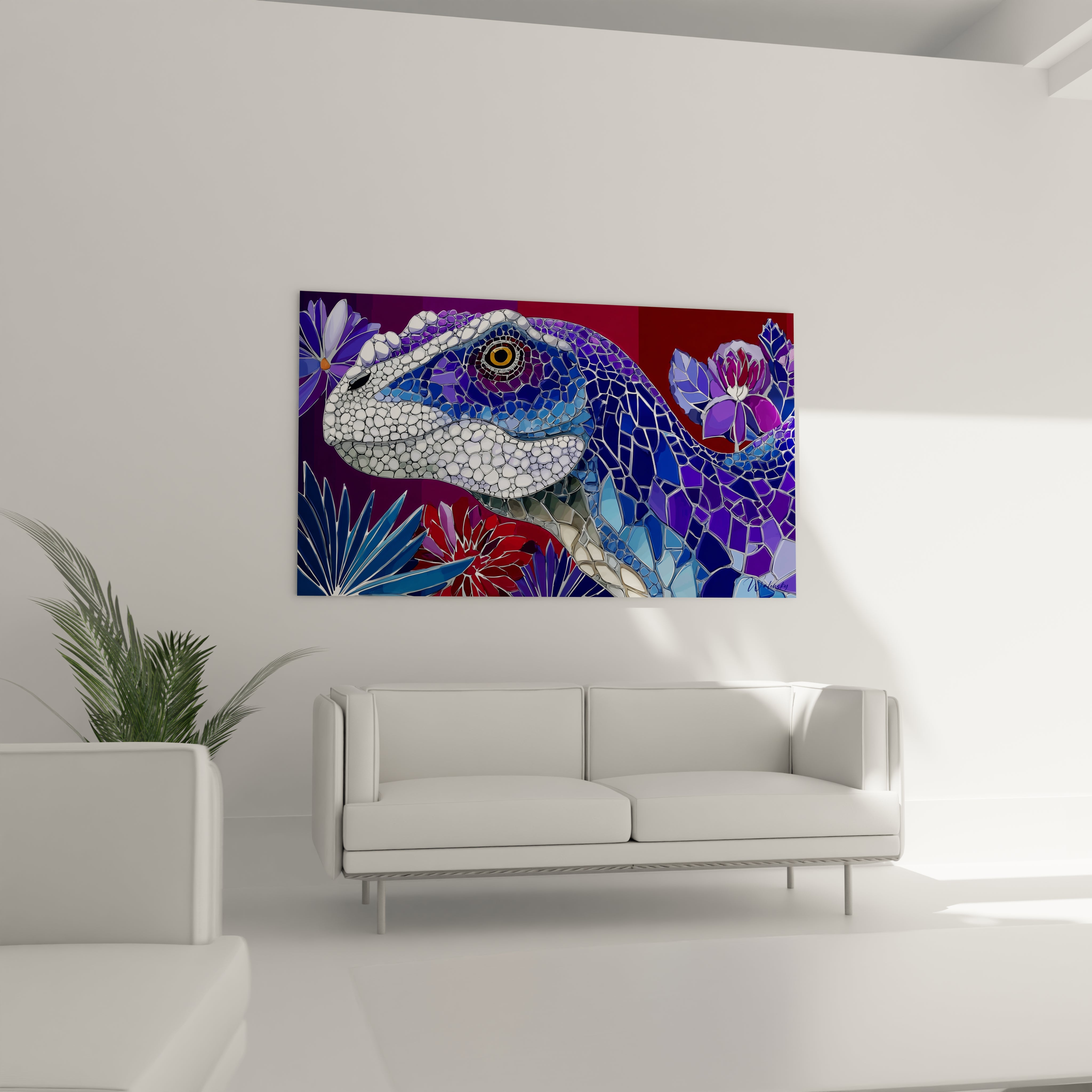 Gros plan tableau Scutosaurus mosaïque, détail œil doré et tesselles colorées art dinosaure