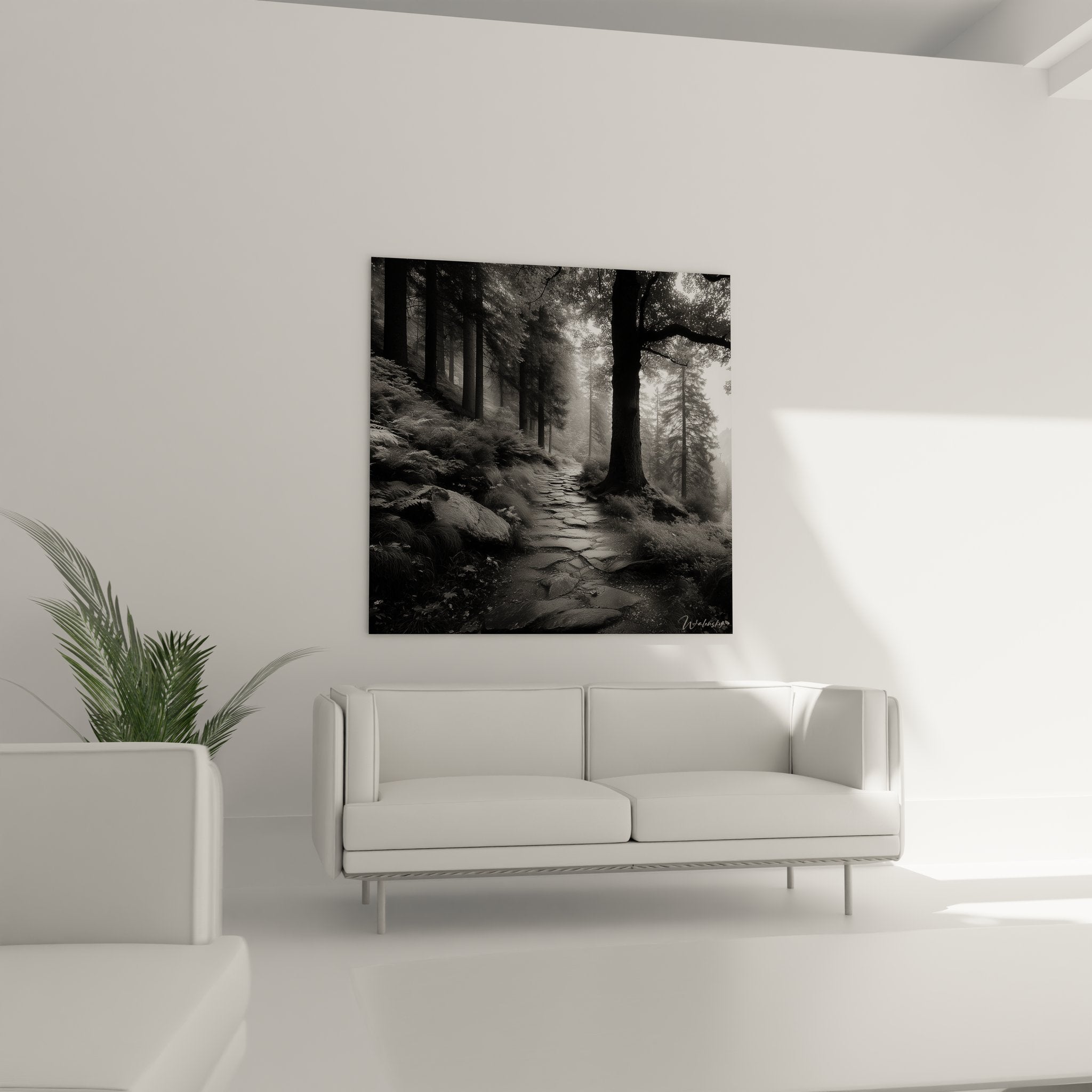 Gros plan sur détails du tableau sentier forestier avec textures pierres et mousse