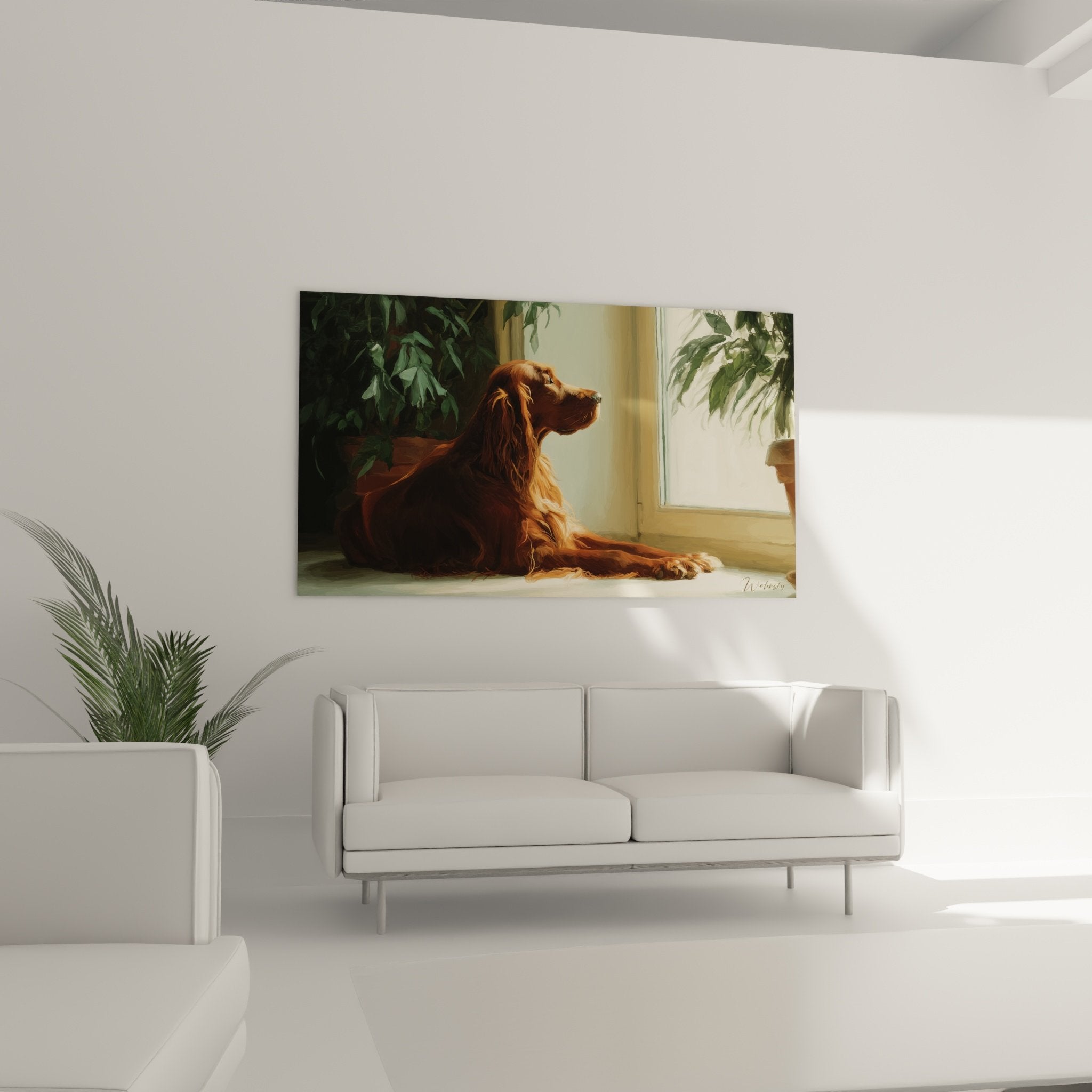 Gros plan tableau setter irlandais poils roux détails réalistes reflets dorés texture pelage soyeux