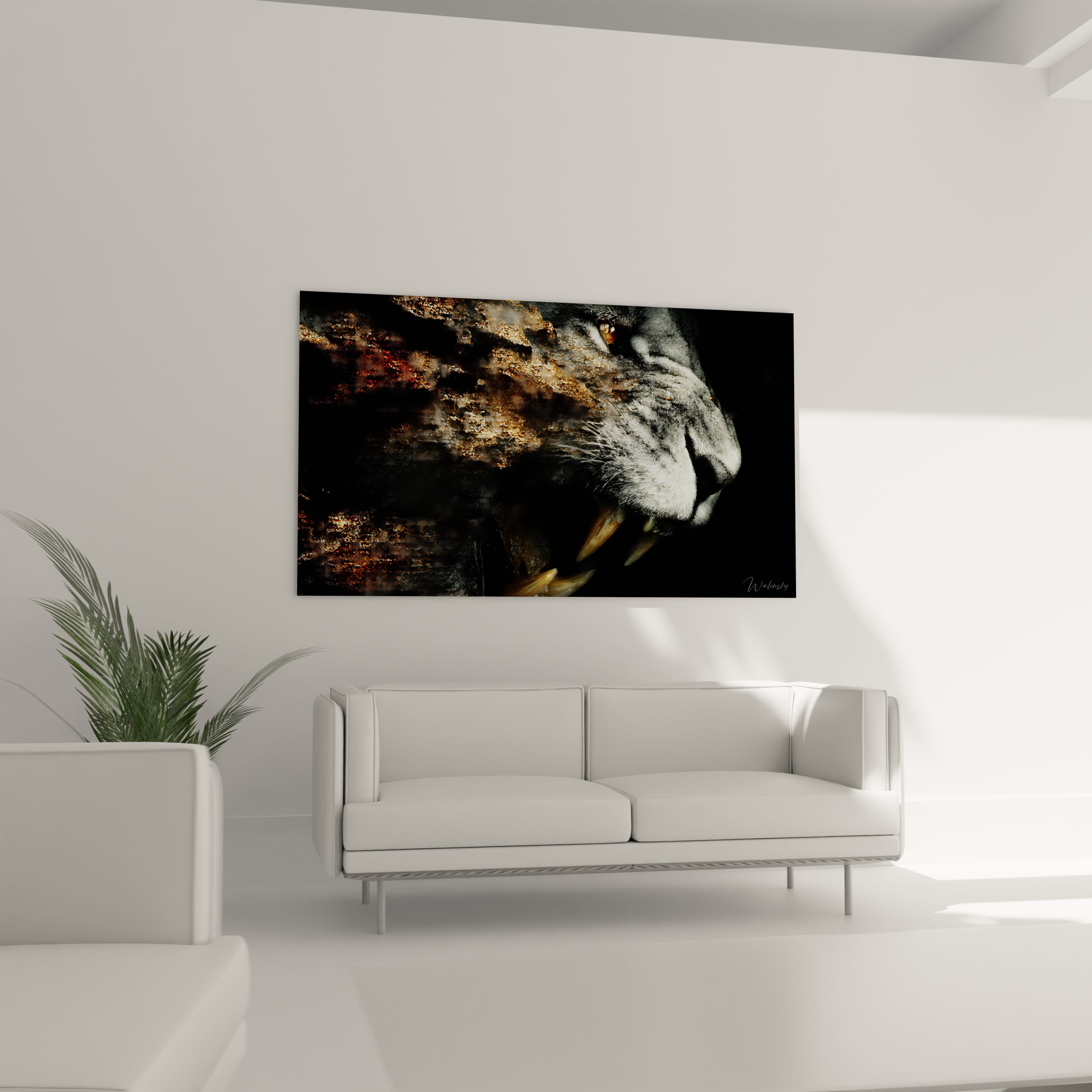 Gros plan tableau smilodon montrant détails fourrure et canines, art animalier préhistorique réaliste