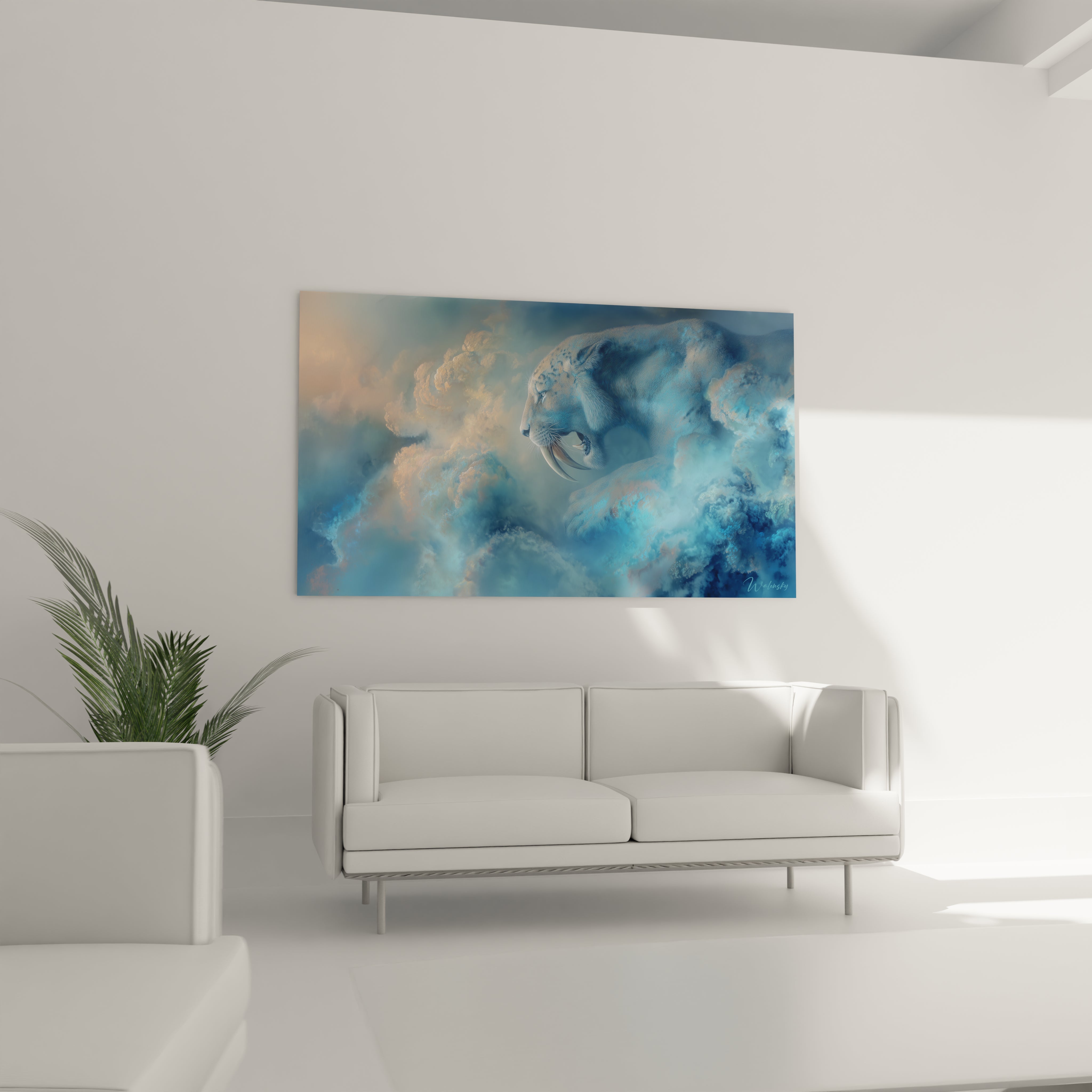 Gros plan smilodon artistique détails canines tigre dent sabre nuages colorés