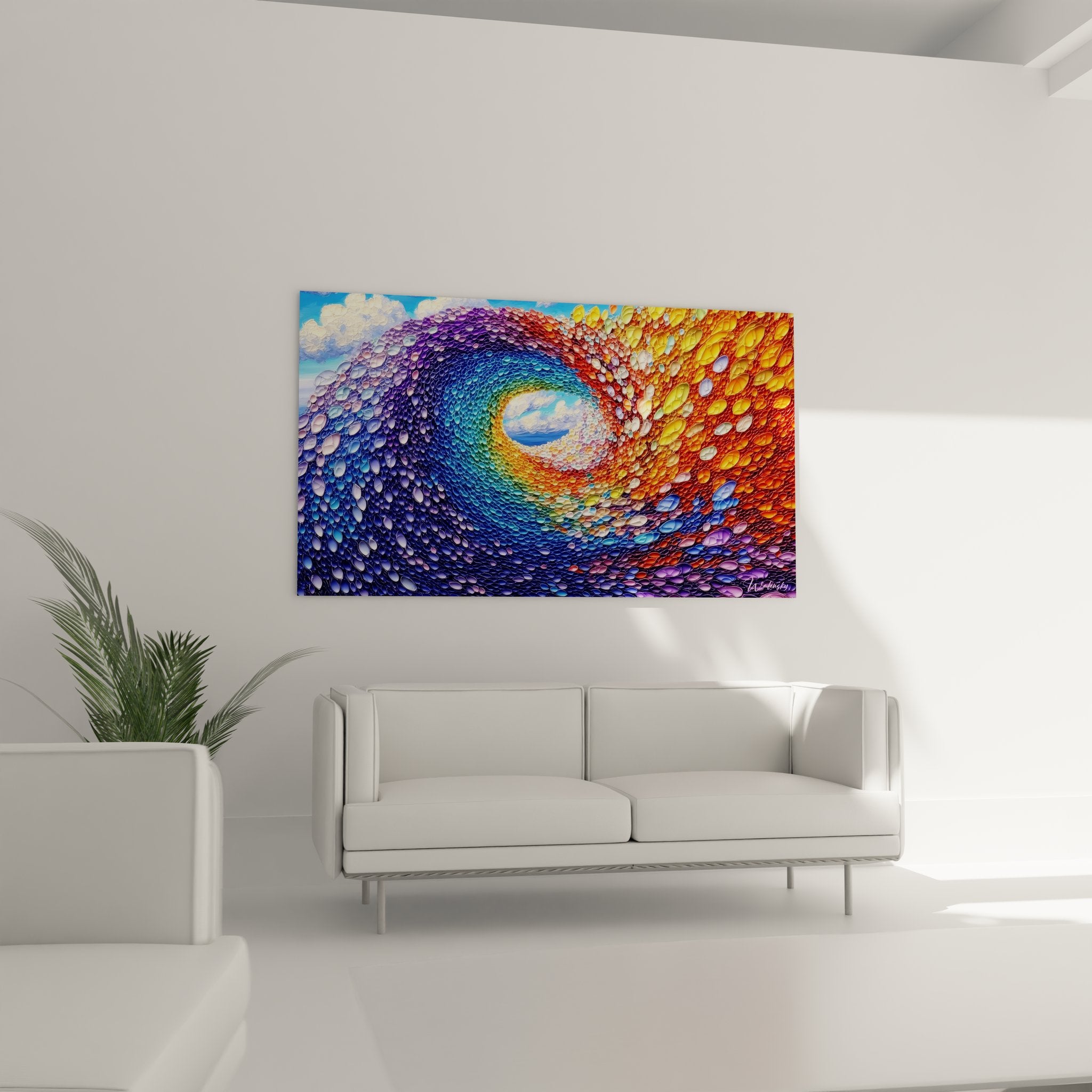 Gros plan détaillé tableau spirale cosmique montrant particules multicolores et texture abstraite