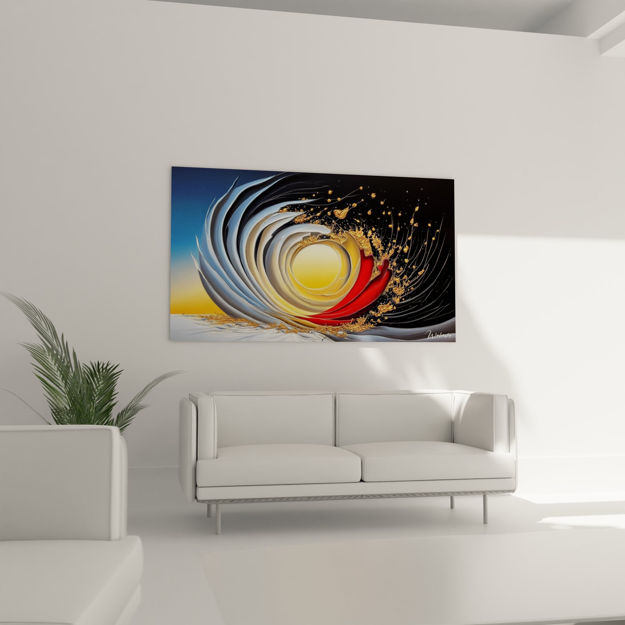 Gros plan spirale dorée explosive avec détails particules d'or et cercles concentriques lumineux