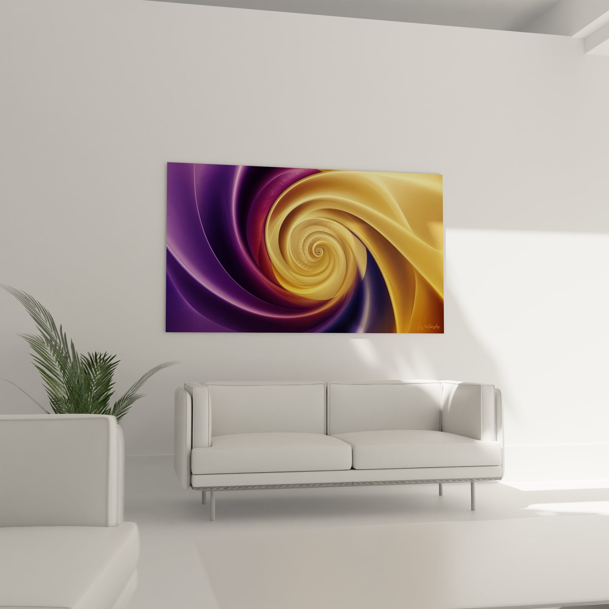 Gros plan spirale dorée abstraite, détails vortex lumineux tableau art moderne violet