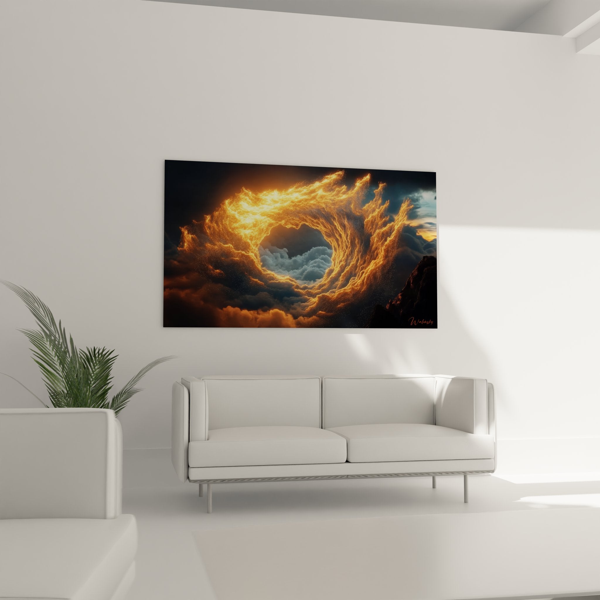 Gros plan spirale de feu doré avec détails flammes et particules lumineuses