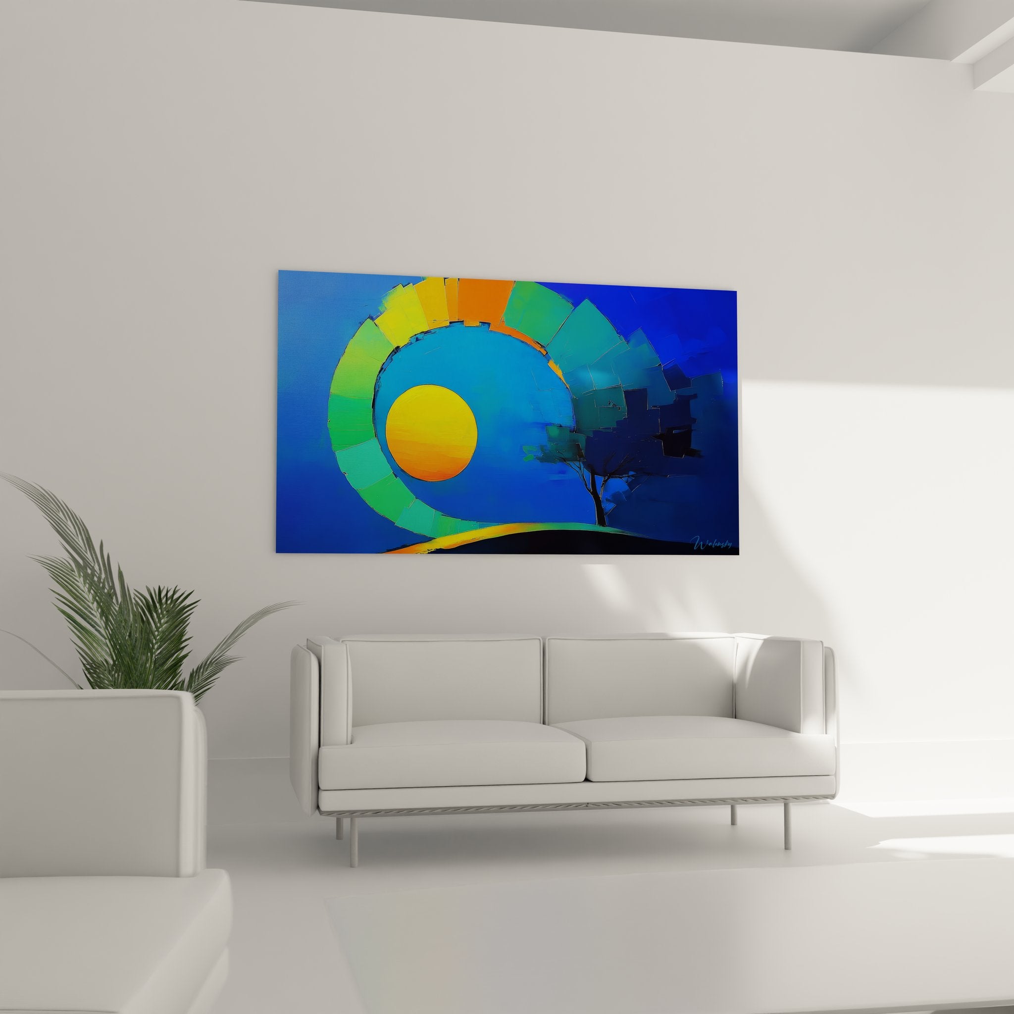Gros plan tableau spirale géométrique colorée, détails peinture abstraite moderne aux tons vifs