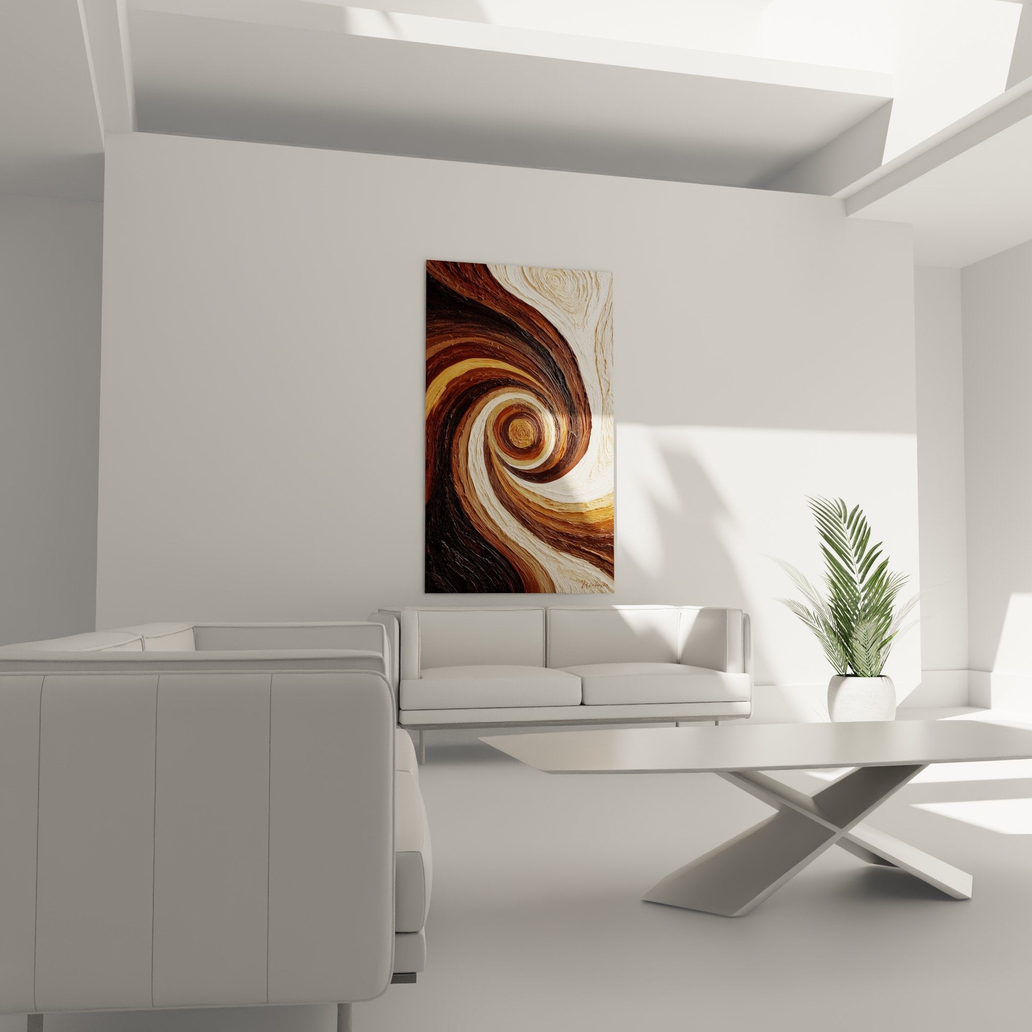 Gros plan texture spirale ocre terre sienne relief pictural nuances dorees brun profond