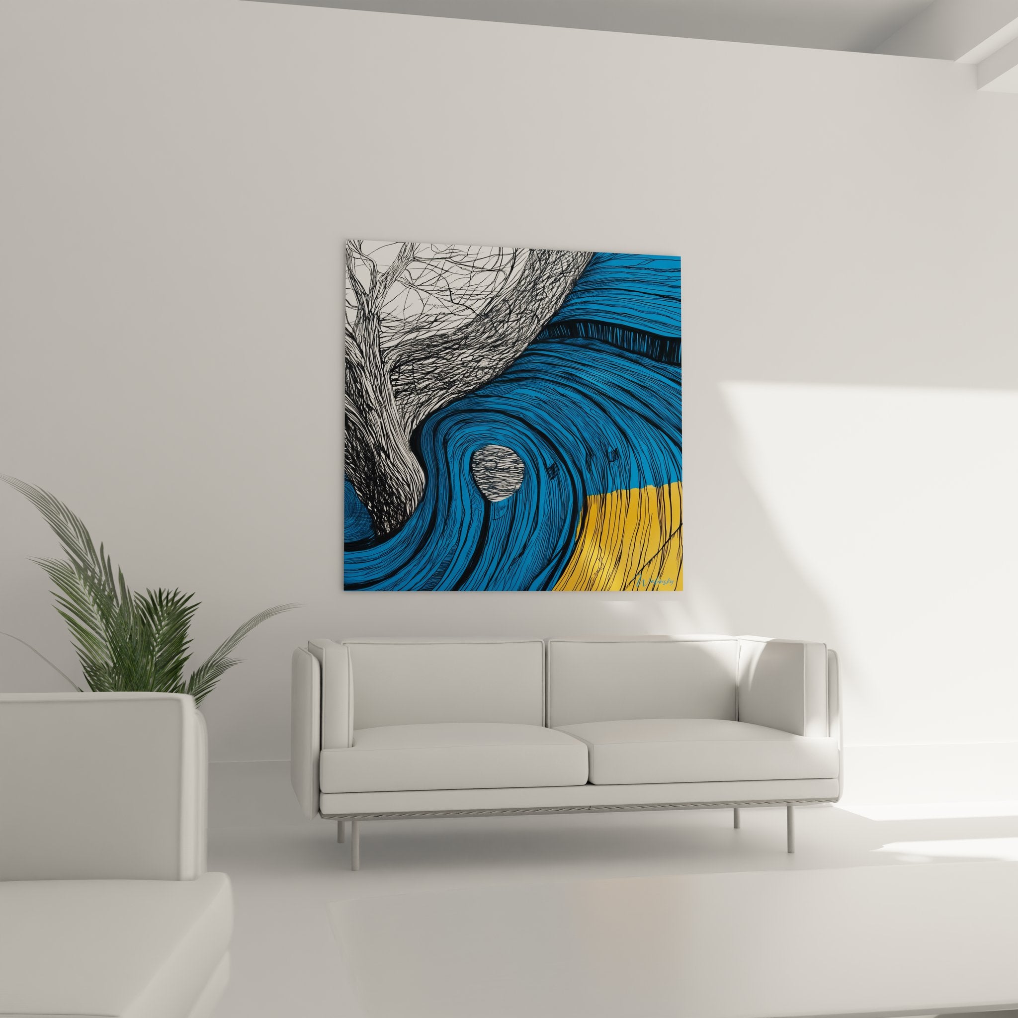 Gros plan détaillé tableau spirale vague bleue montrant textures hachures et courbes fluides art abstrait