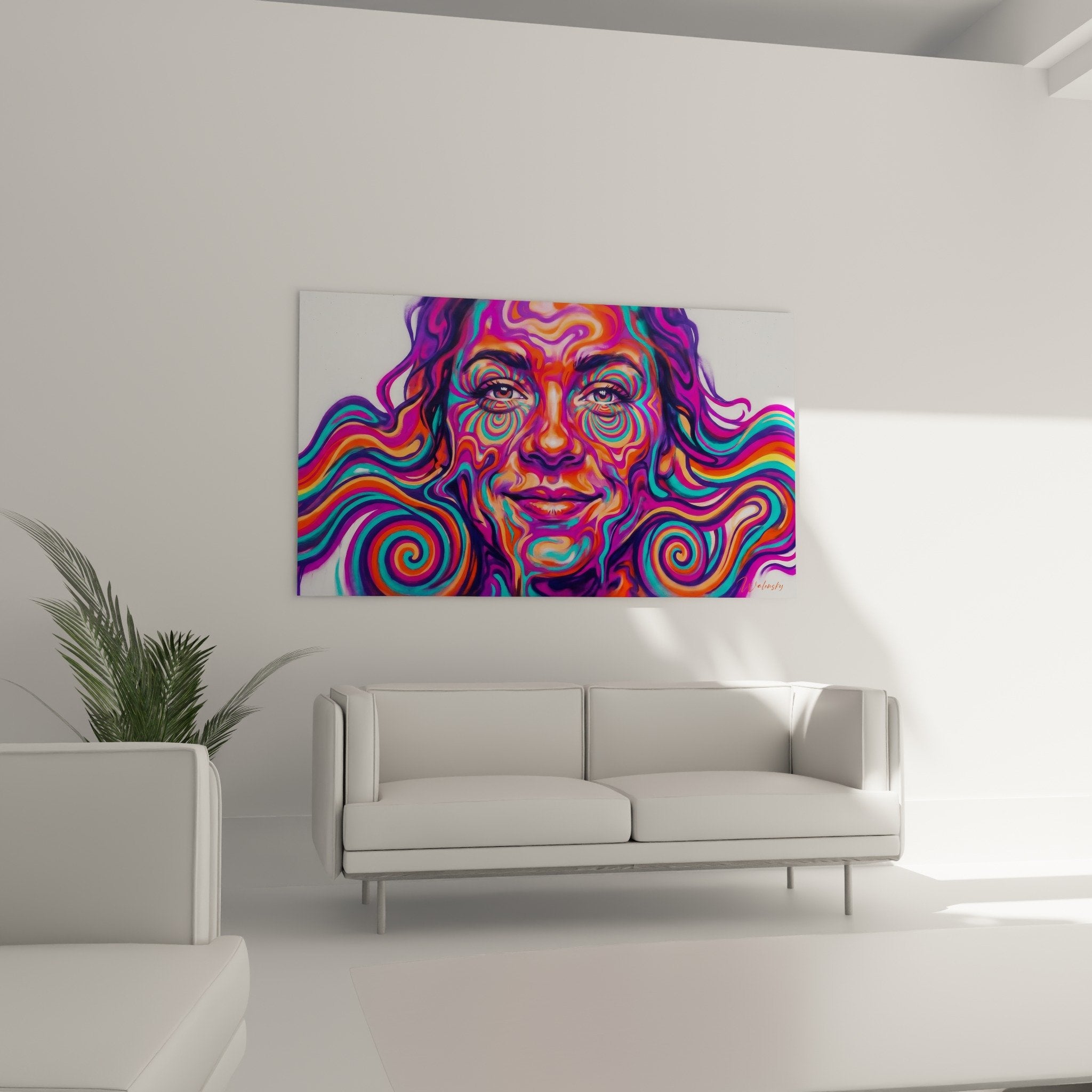 Nahaufnahme hypnotische Spiralen Augen weibliches Porträt lebhafte Farben Orange Magenta Cyan