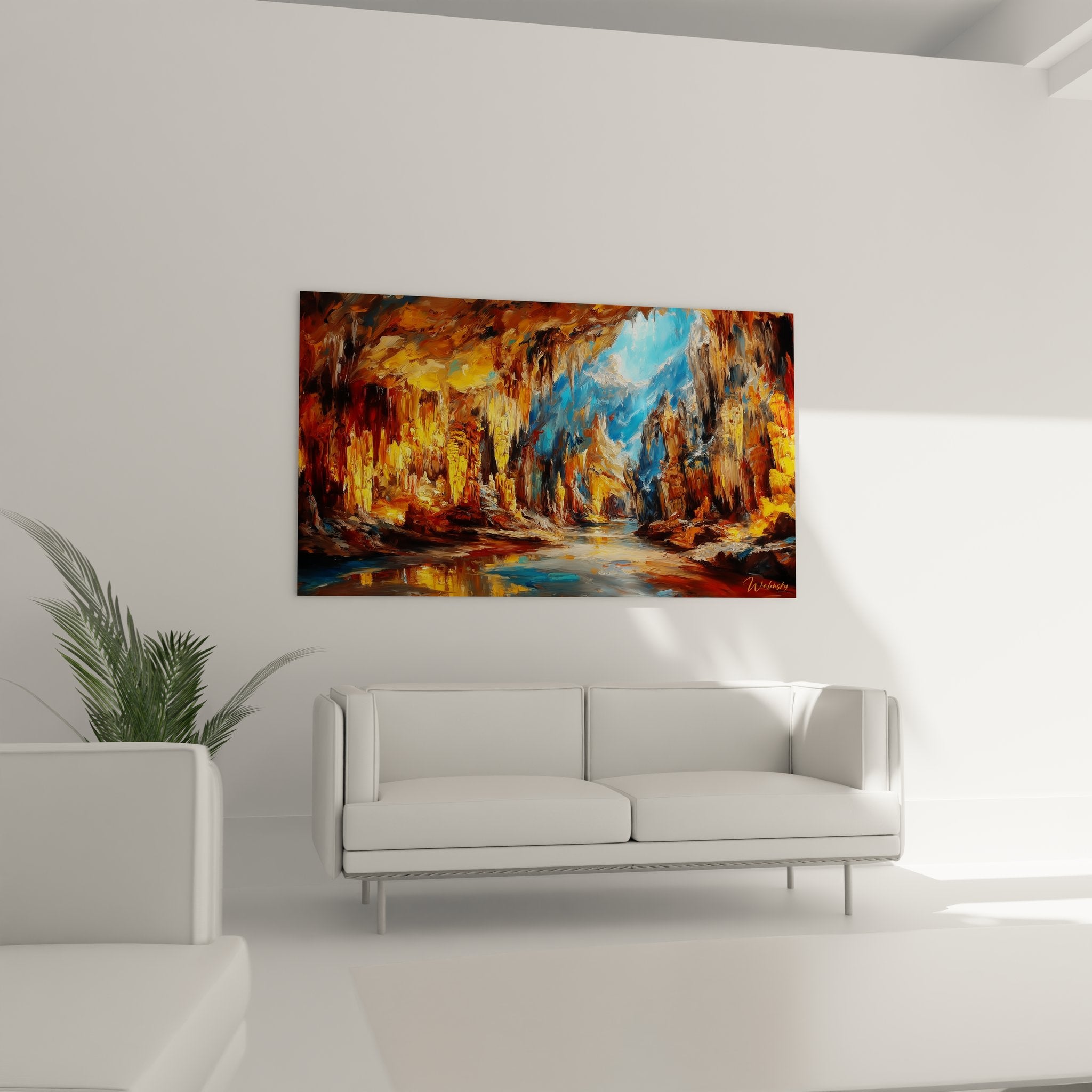 Gros plan détails stalactites dorées texture picturale grotte souterraine art mural