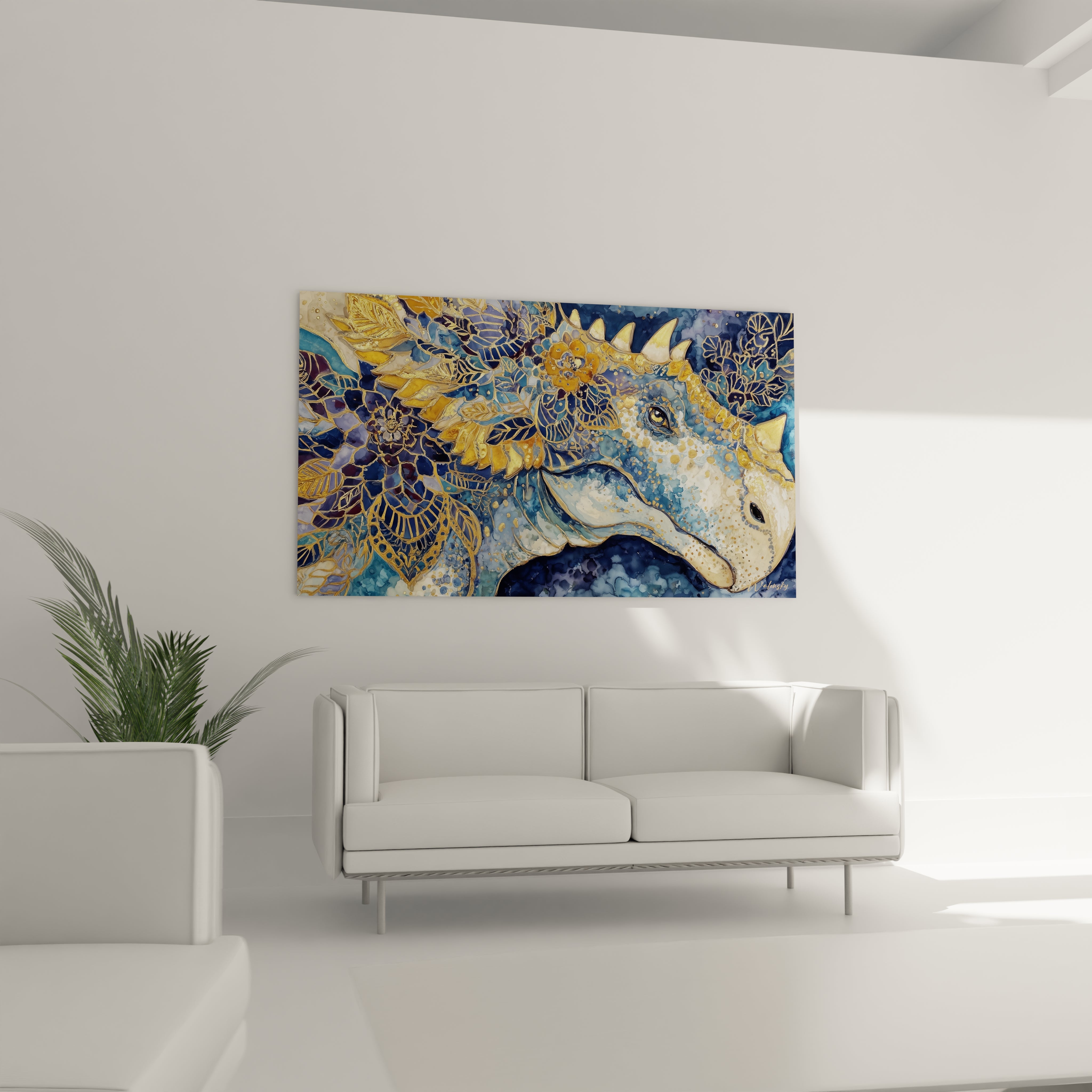 Gros plan détails stégosaure doré motifs floraux ornements délicats art mural dinosaure premium