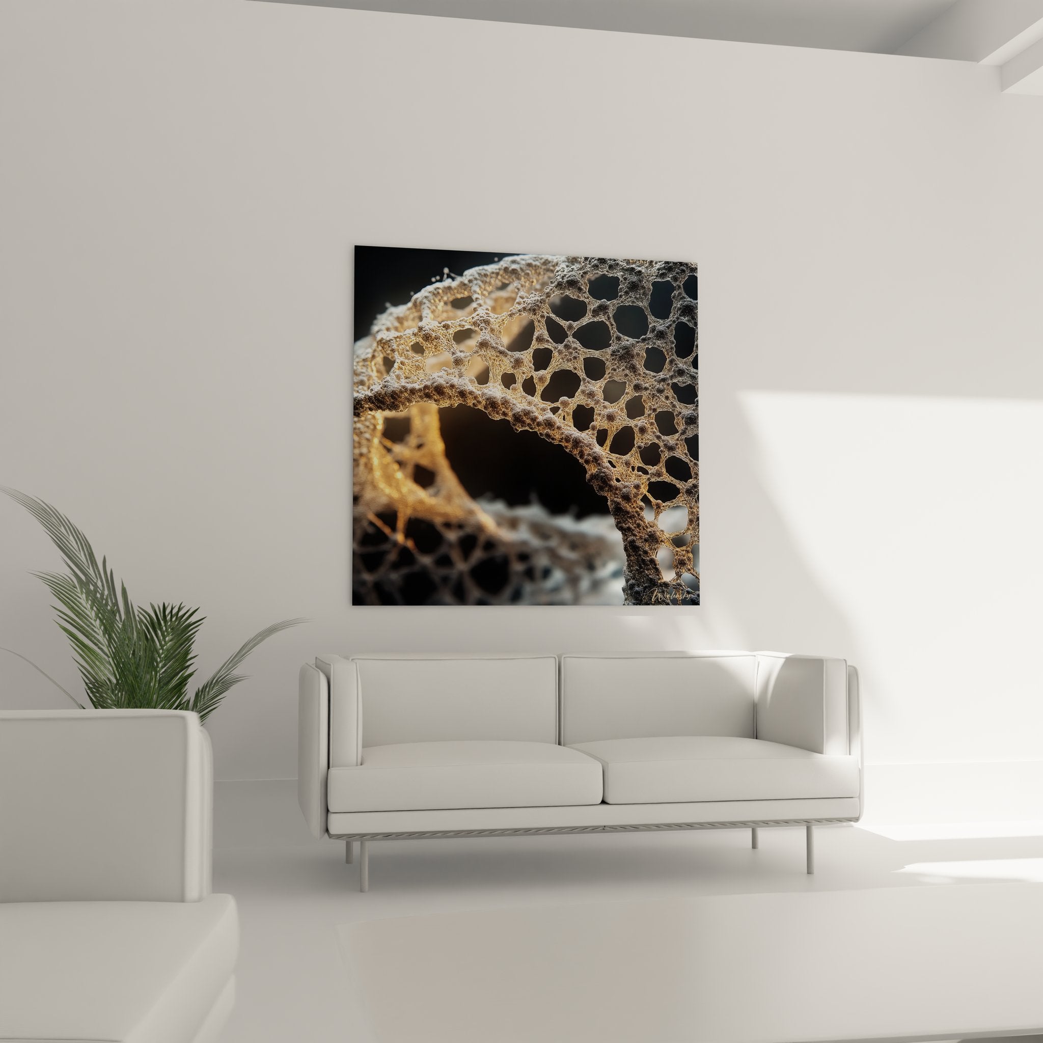 Gros plan détaillé structure alvéolaire ADN dorée avec textures et reliefs microscopiques artistiques