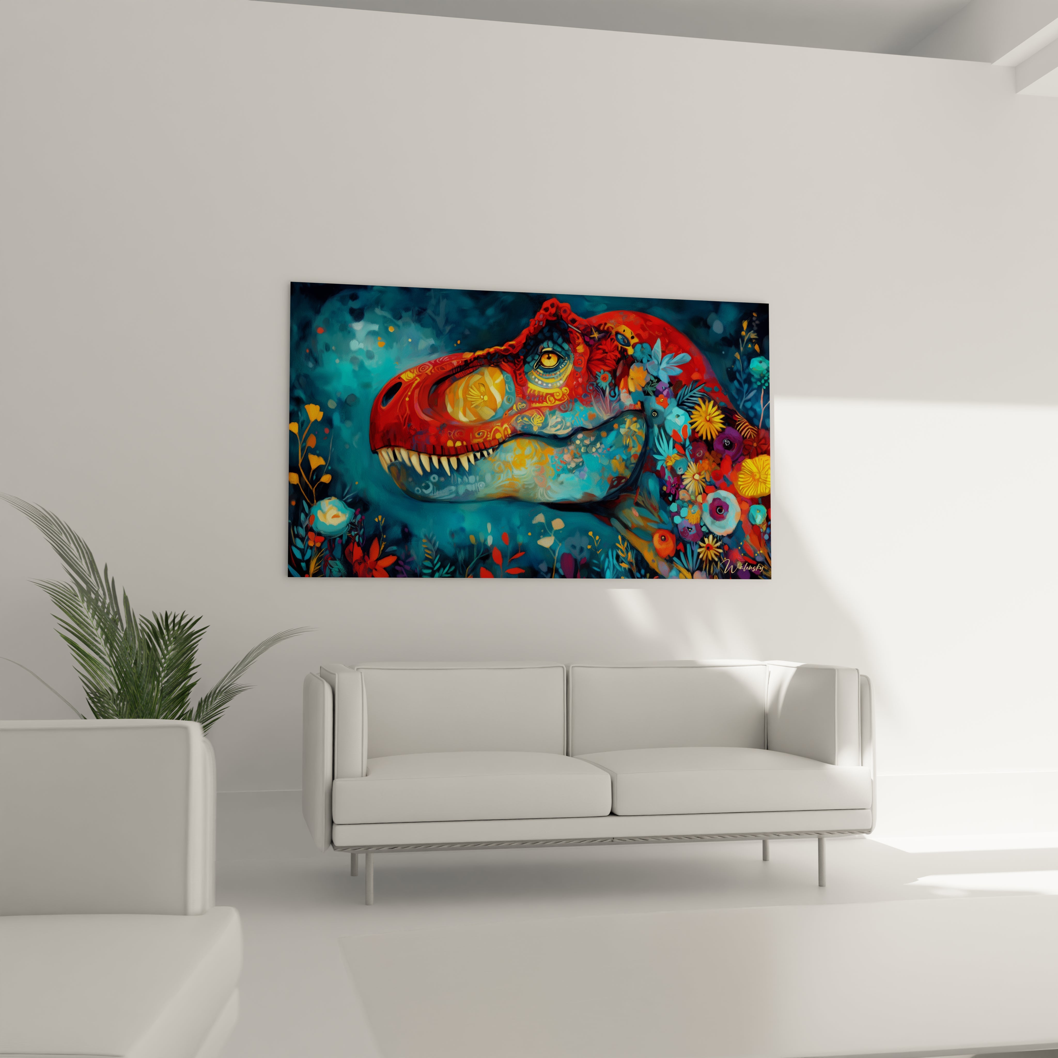 Gros plan tableau dinosaure T-Rex fleuri détails couleurs vives rouge bleu motifs floraux