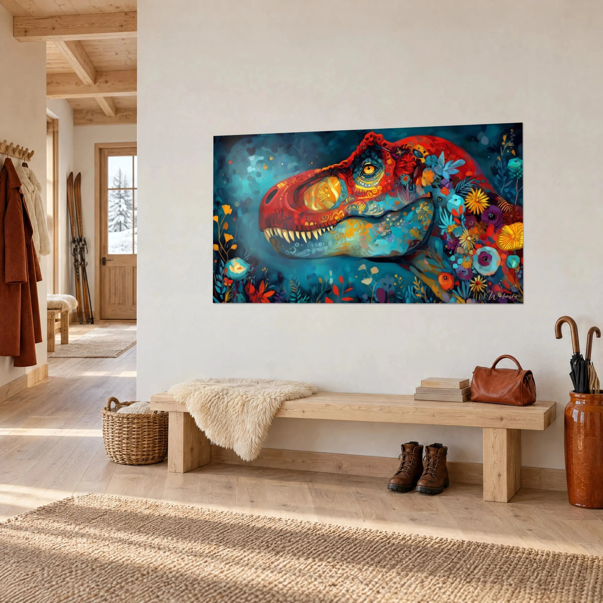 Gemälde Dinosaurier mit safrangelben Blütenblättern und blauen Mustern, goldenes Auge, an der weißen Wand eines Flurs aus hellem Holz