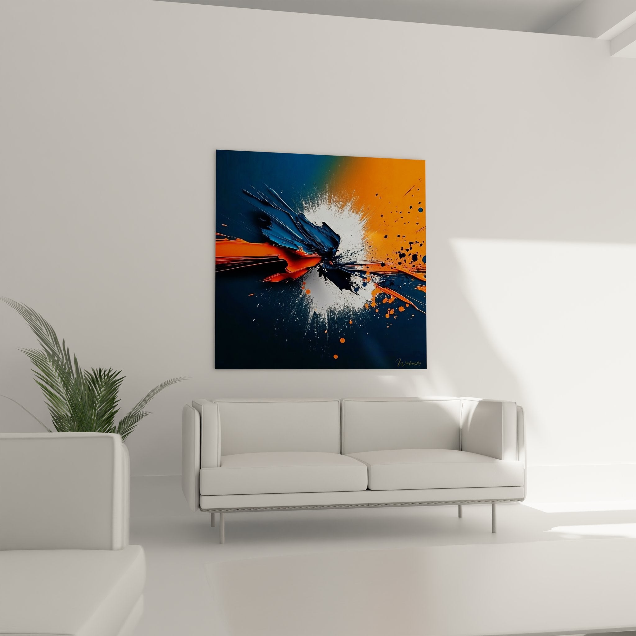 Gros plan tableau abstrait explosion, détails éclaboussures peinture orange bleu art contemporain