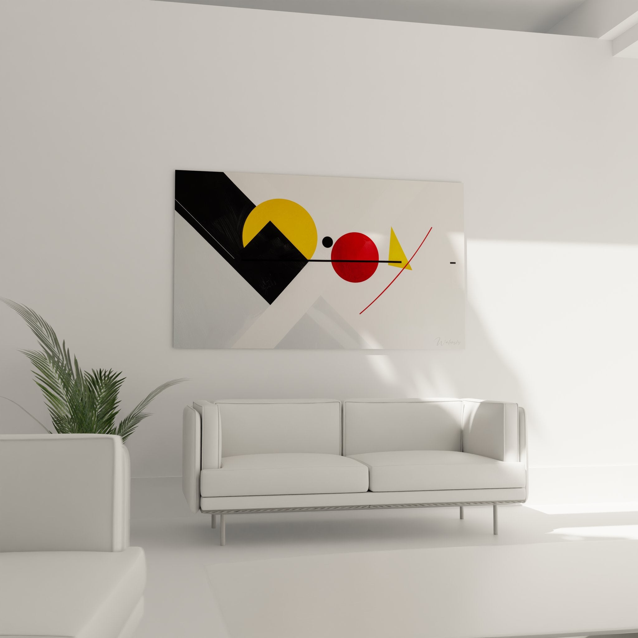 Gros plan tableau abstrait montrant détails formes géométriques colorées et lignes précises