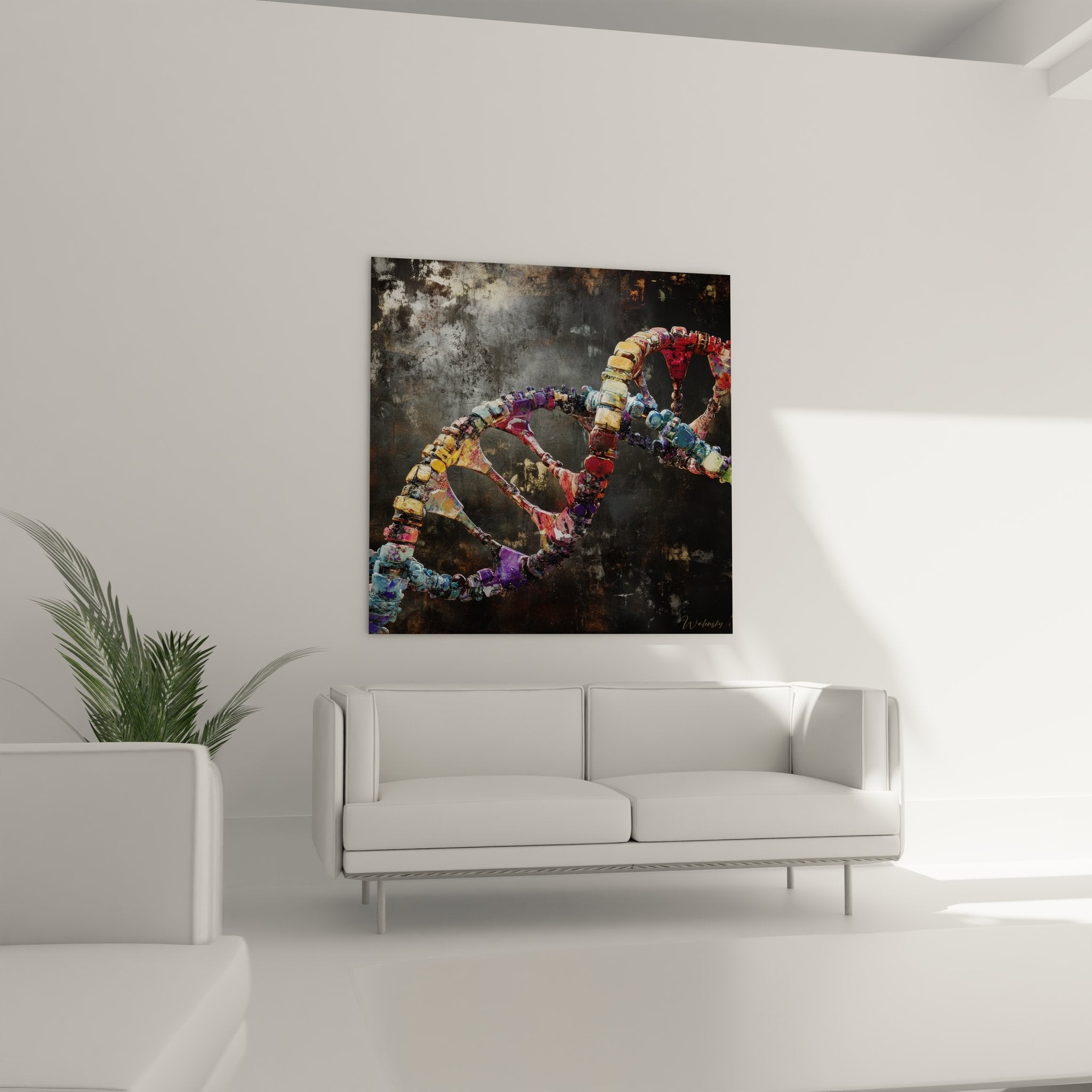 Gros plan du tableau hélice ADN montrant les détails colorés et la texture de l'art génétique abstrait