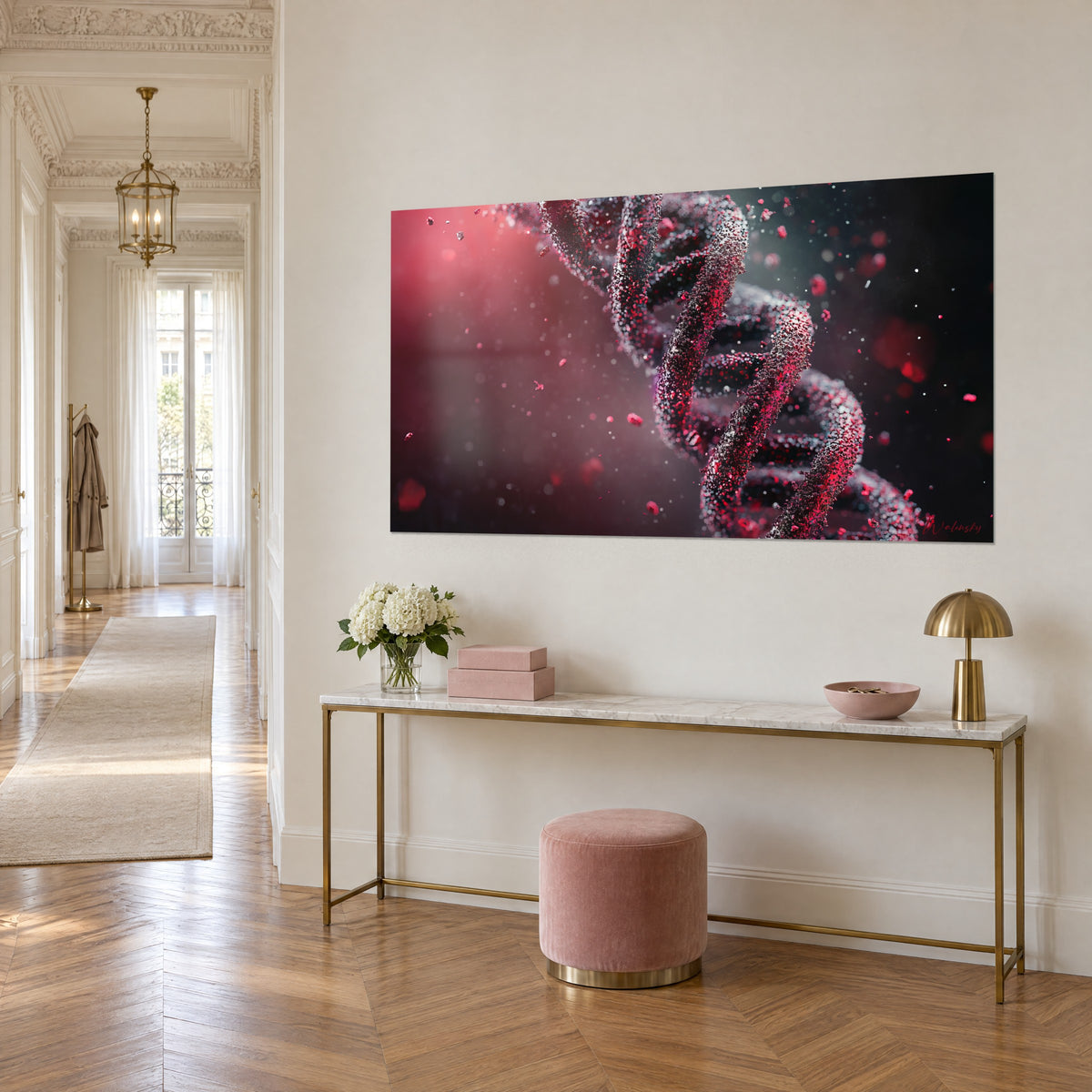 Tableau spirale génétique en volutes carmin et noir, étincelles rosées flottantes, accroché au-dessus d'une console dorée