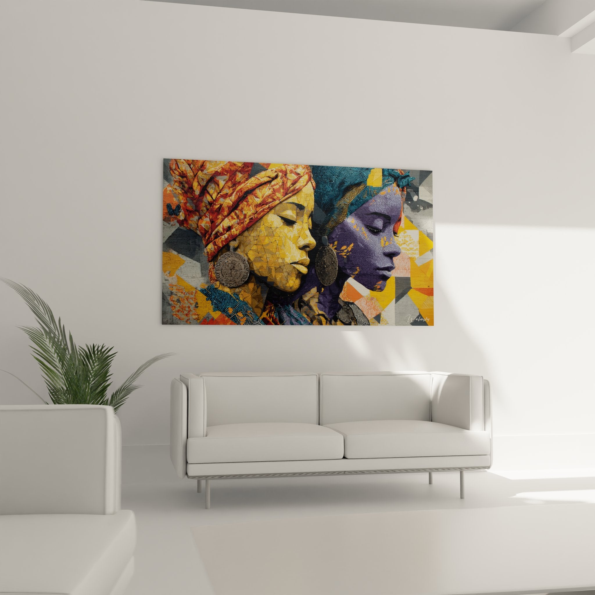 Gros plan tableau art africain femme turban motifs géométriques détails ethniques