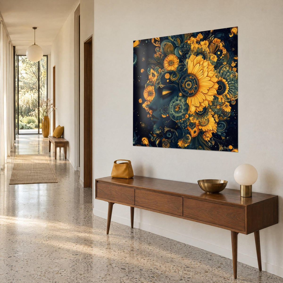 Cuadro retrato fractal con pétalos amarillo azafrán sobre fondo marino, visto de tres cuartos, pared beige y consola de nogal en el pasillo