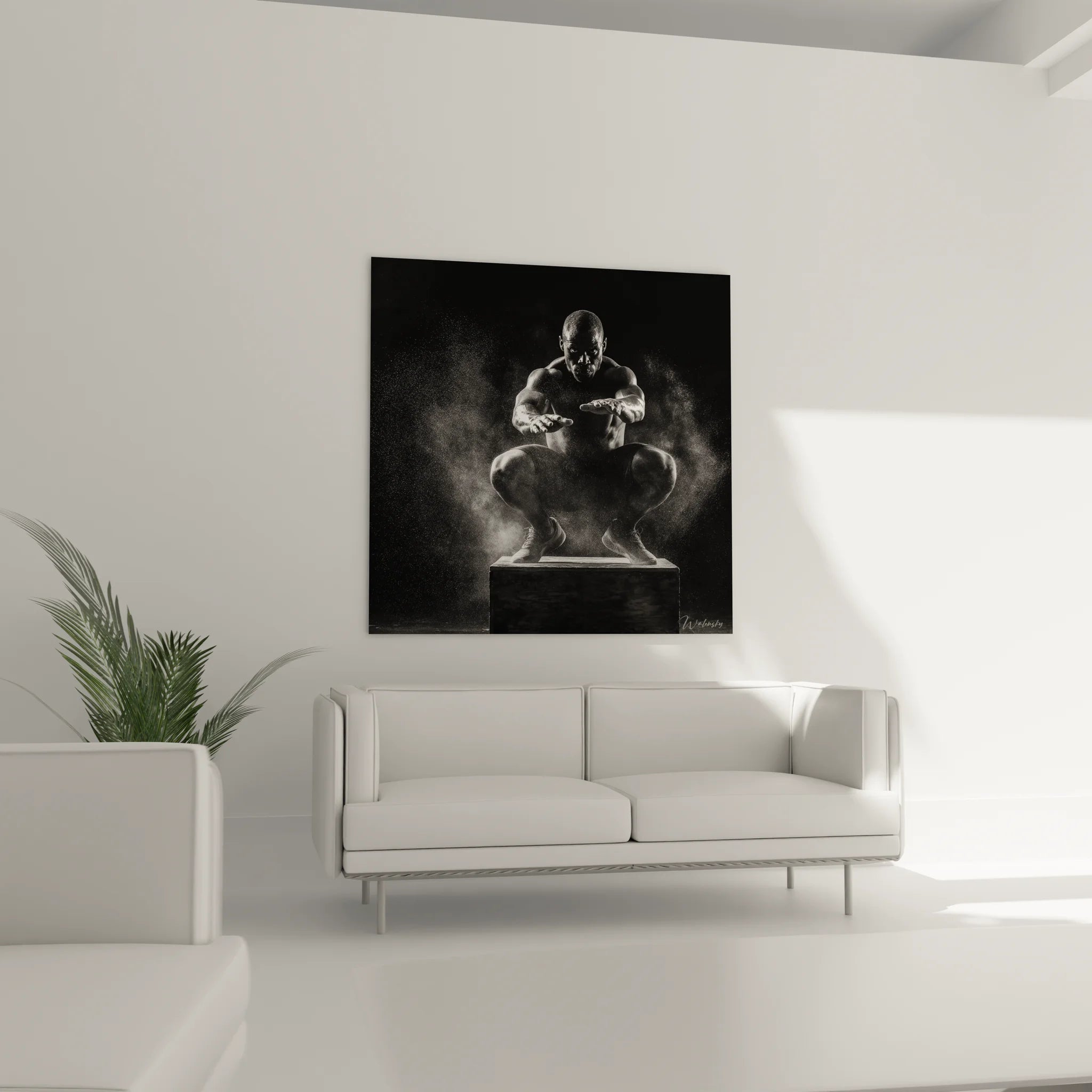 Gros plan tableau musculation athlète squat box détails musculature noir et blanc art mural