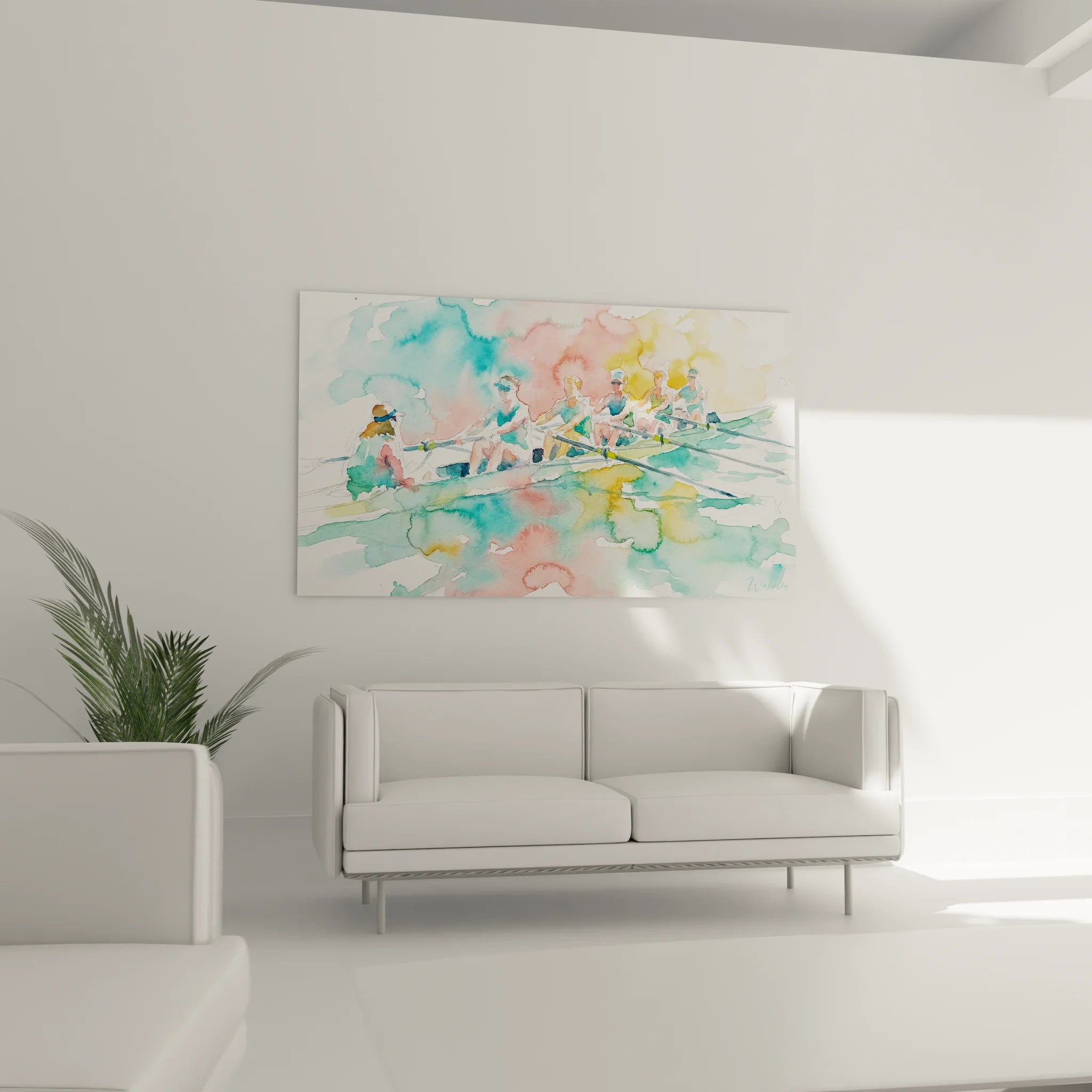 Gros plan tableau aviron aquarelle détails rameurs et reflets eau technique artistique