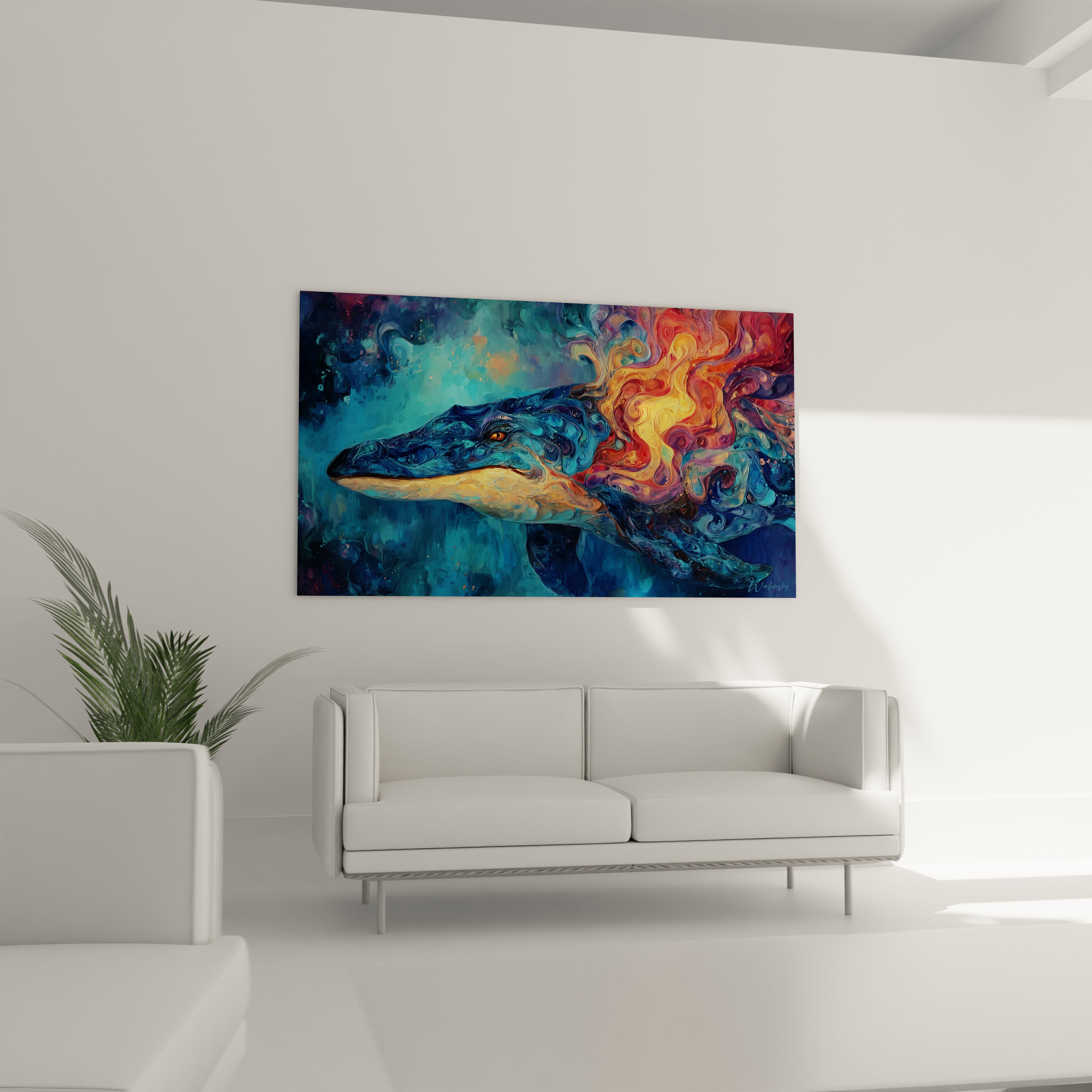 Gros plan tableau baleine abstraite, détails couleurs vibrantes art mural Basilosaurus