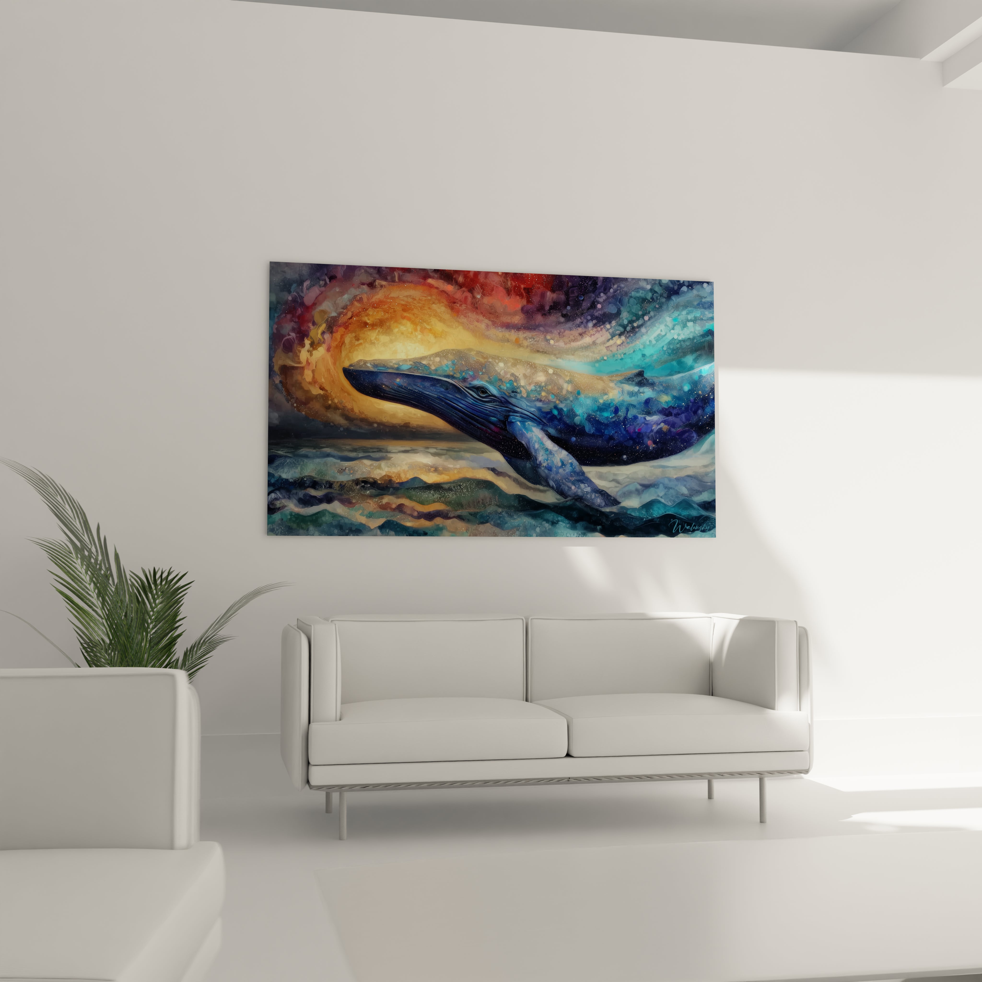 Gros plan sur tableau baleine montrant les détails artistiques et les couleurs océaniques