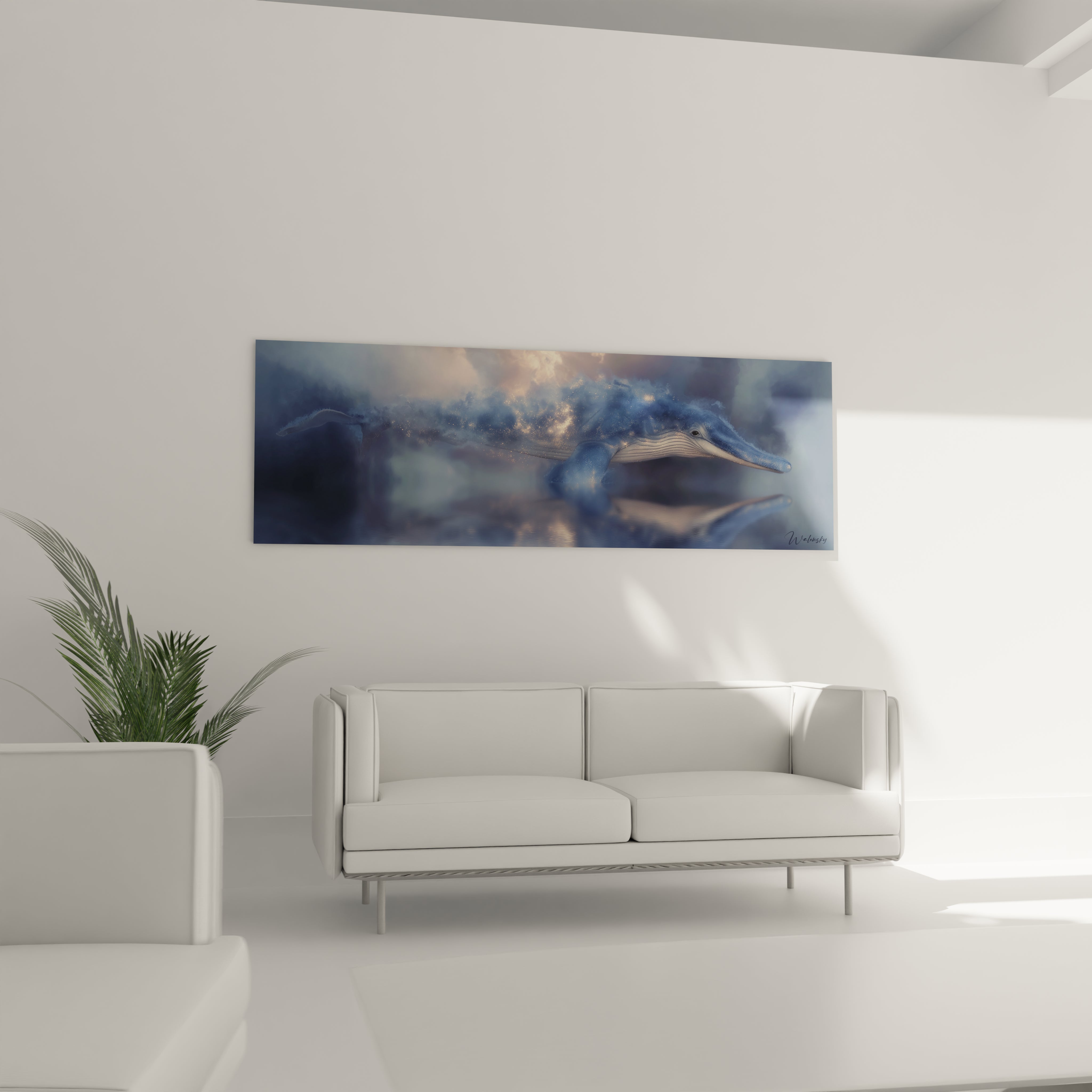 Détail gros plan tableau baleine océan mystique nuances bleues art mural Basilosaurus