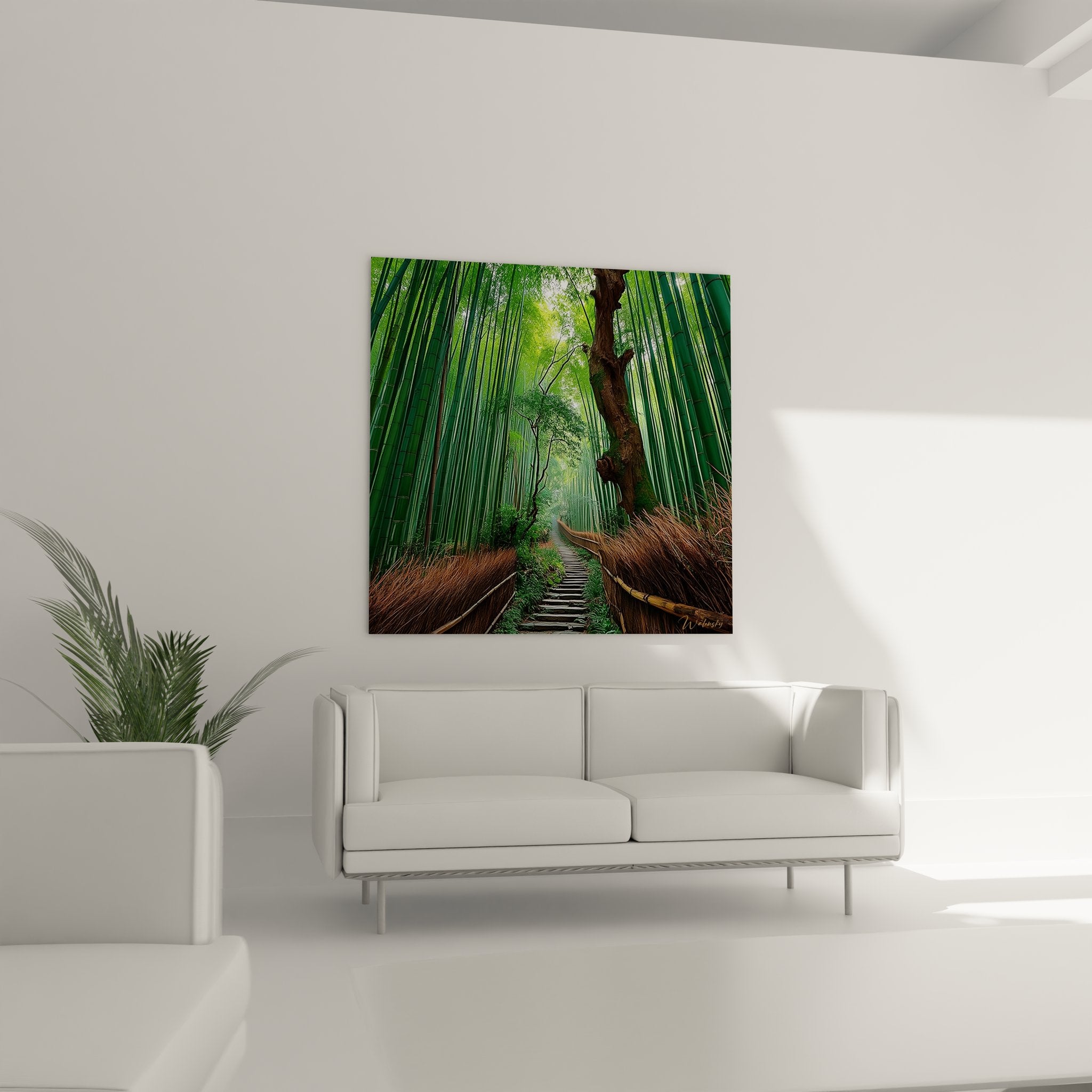 Gros plan tableau bambouseraie détails tiges vertes chemin bois