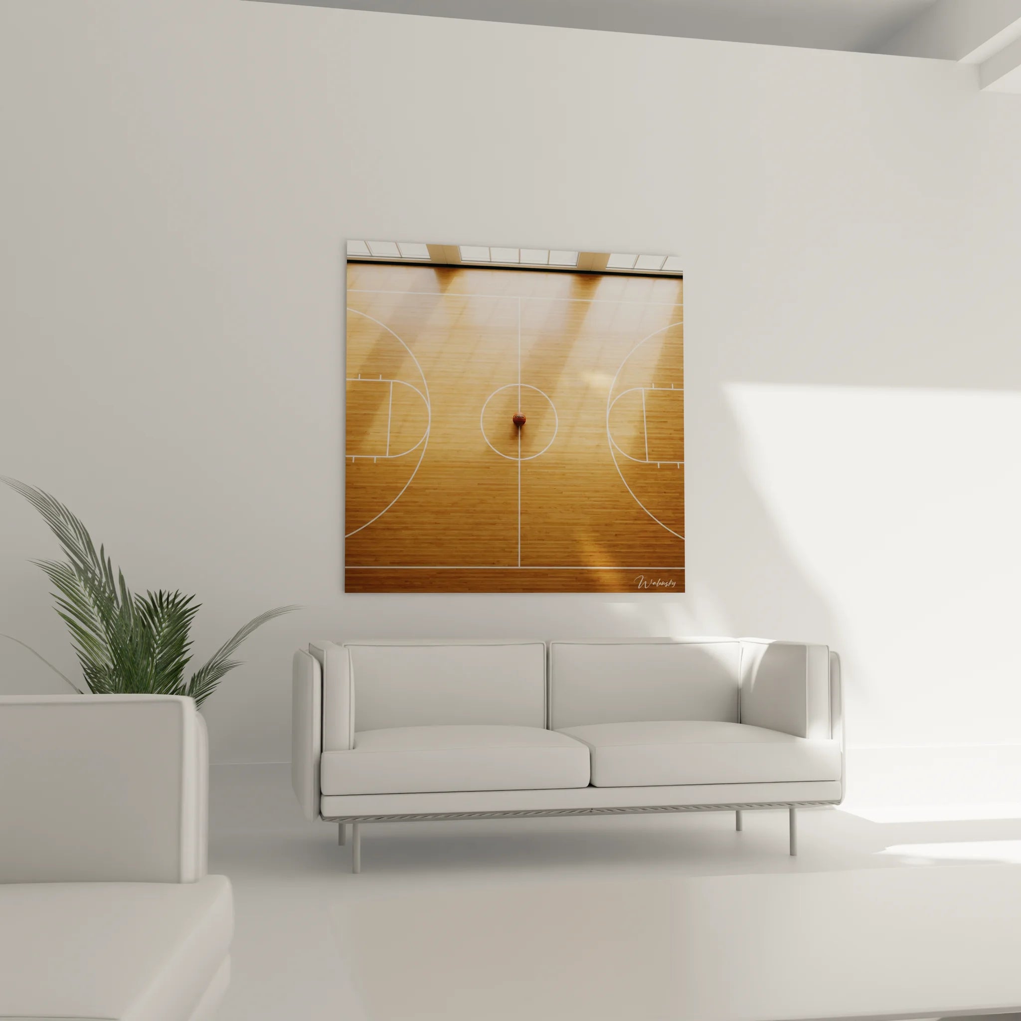 Gros plan tableau basketball montrant détails lignes terrain et ballon orange central