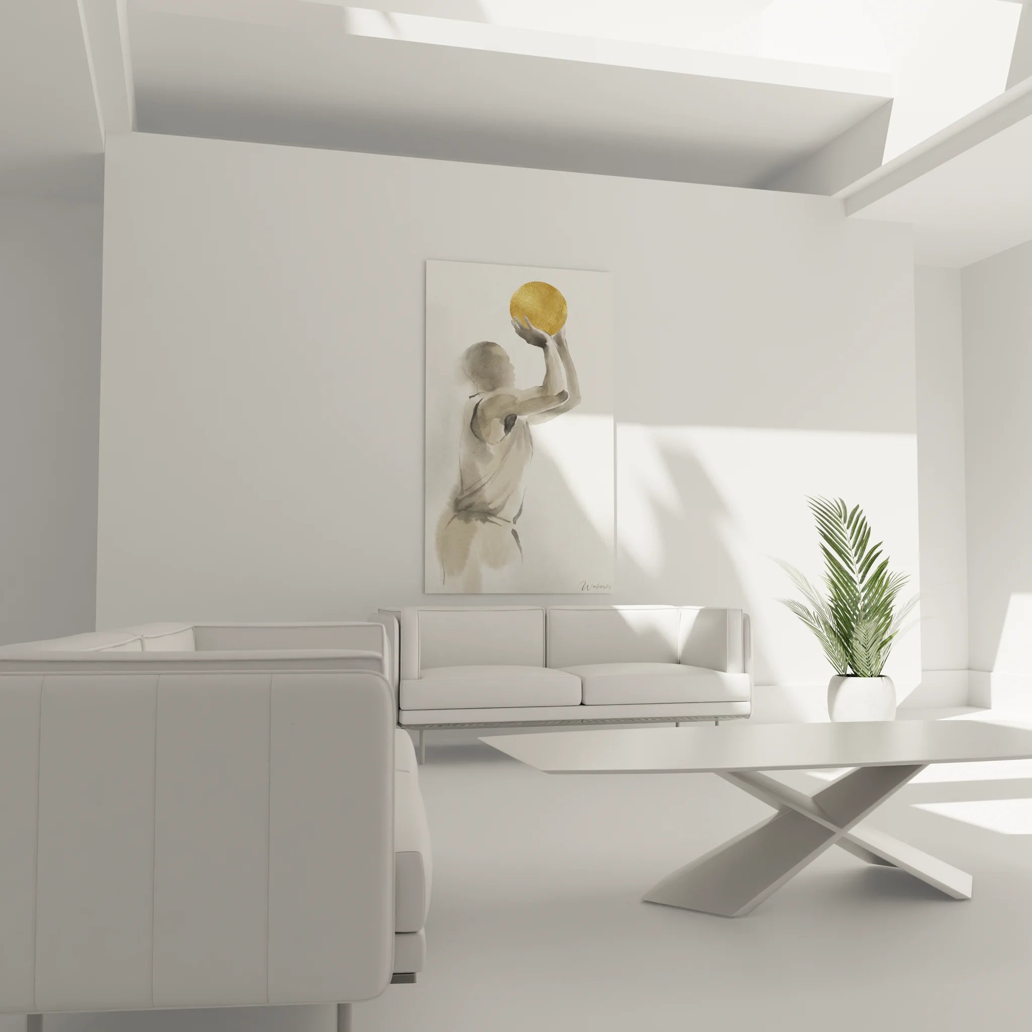 Gros plan tableau basketteur shooting - Détail ballon doré peinture aquarelle basket ball art