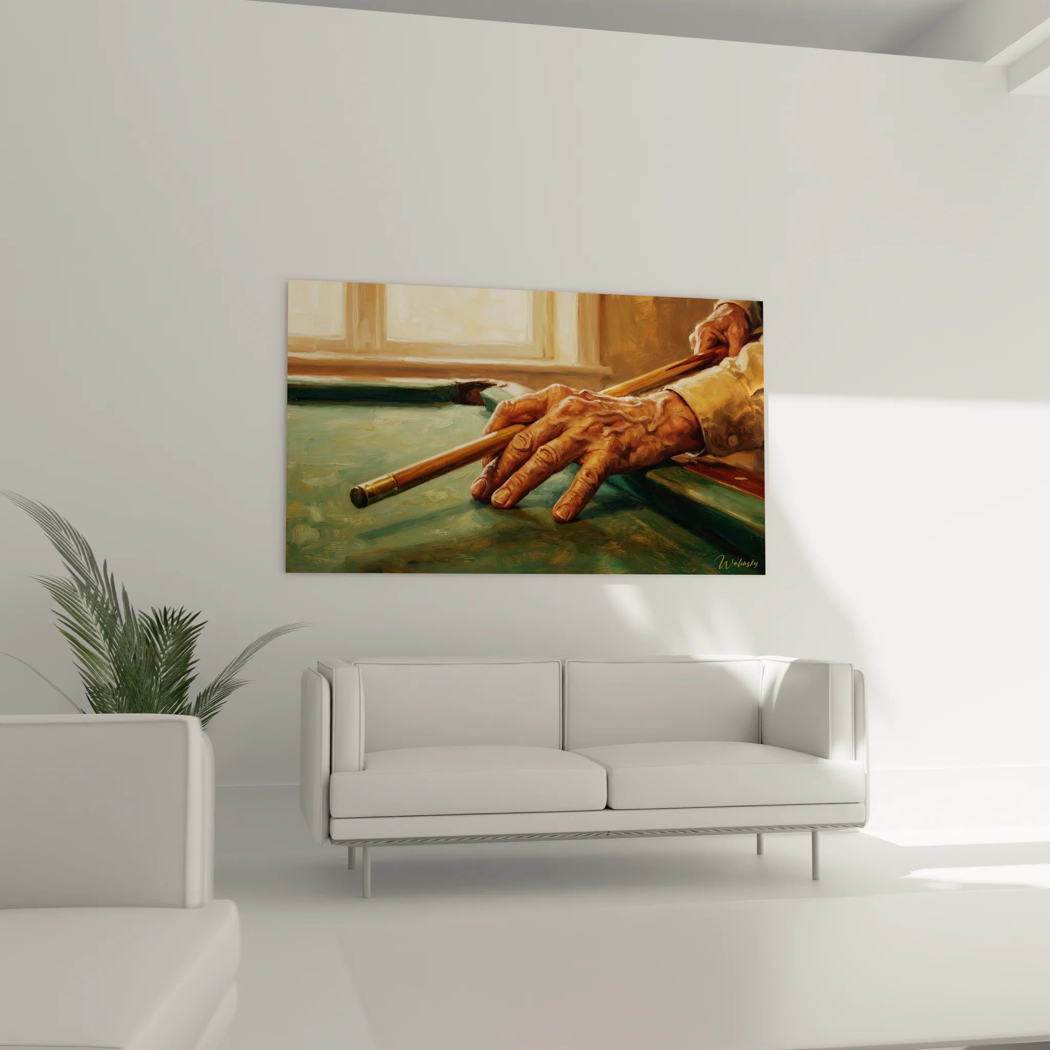 Gros plan tableau billard détail mains ridées tenant queue bois sur tapis vert artistique