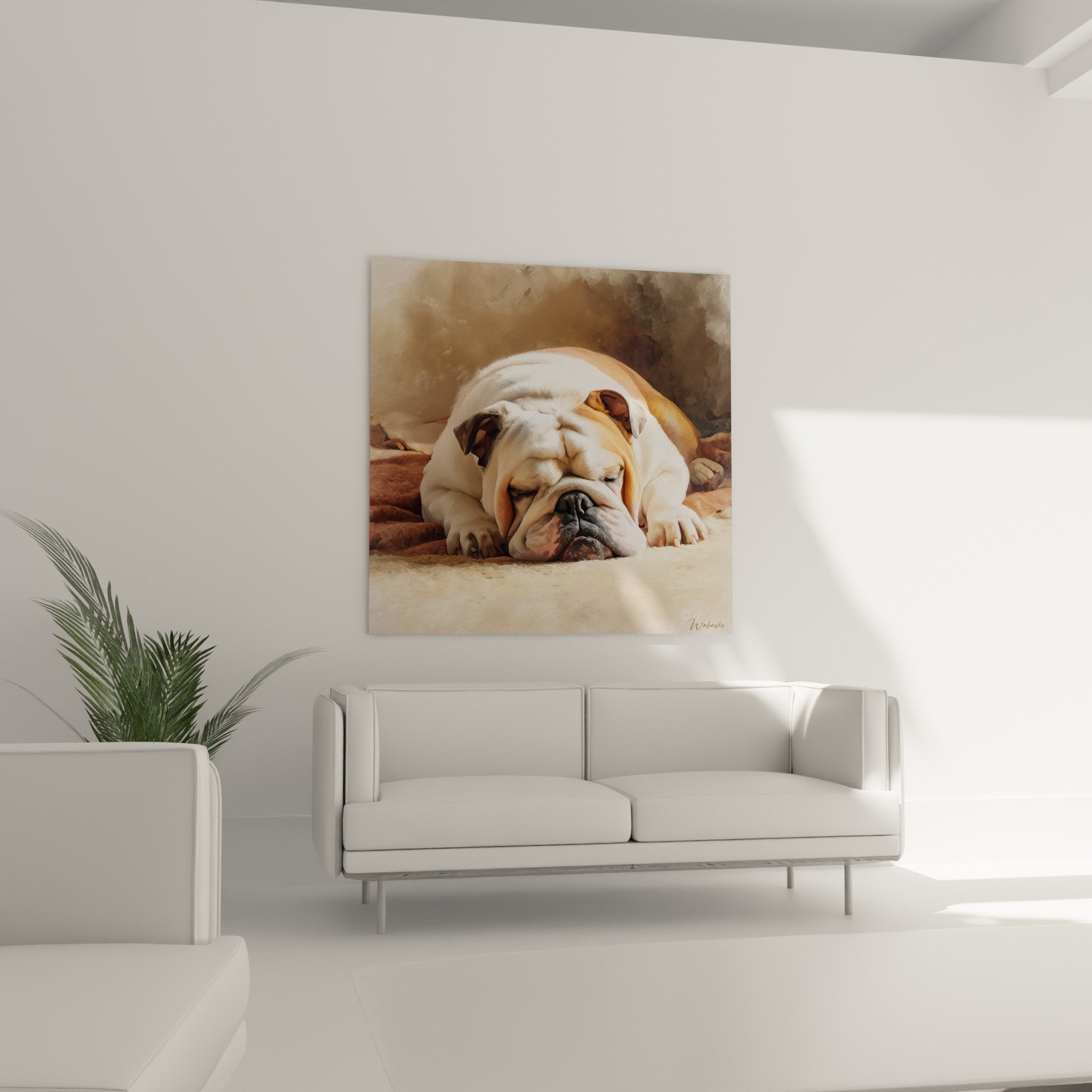 Gros plan tableau bouledogue anglais au repos palette beige ocre détails pelage