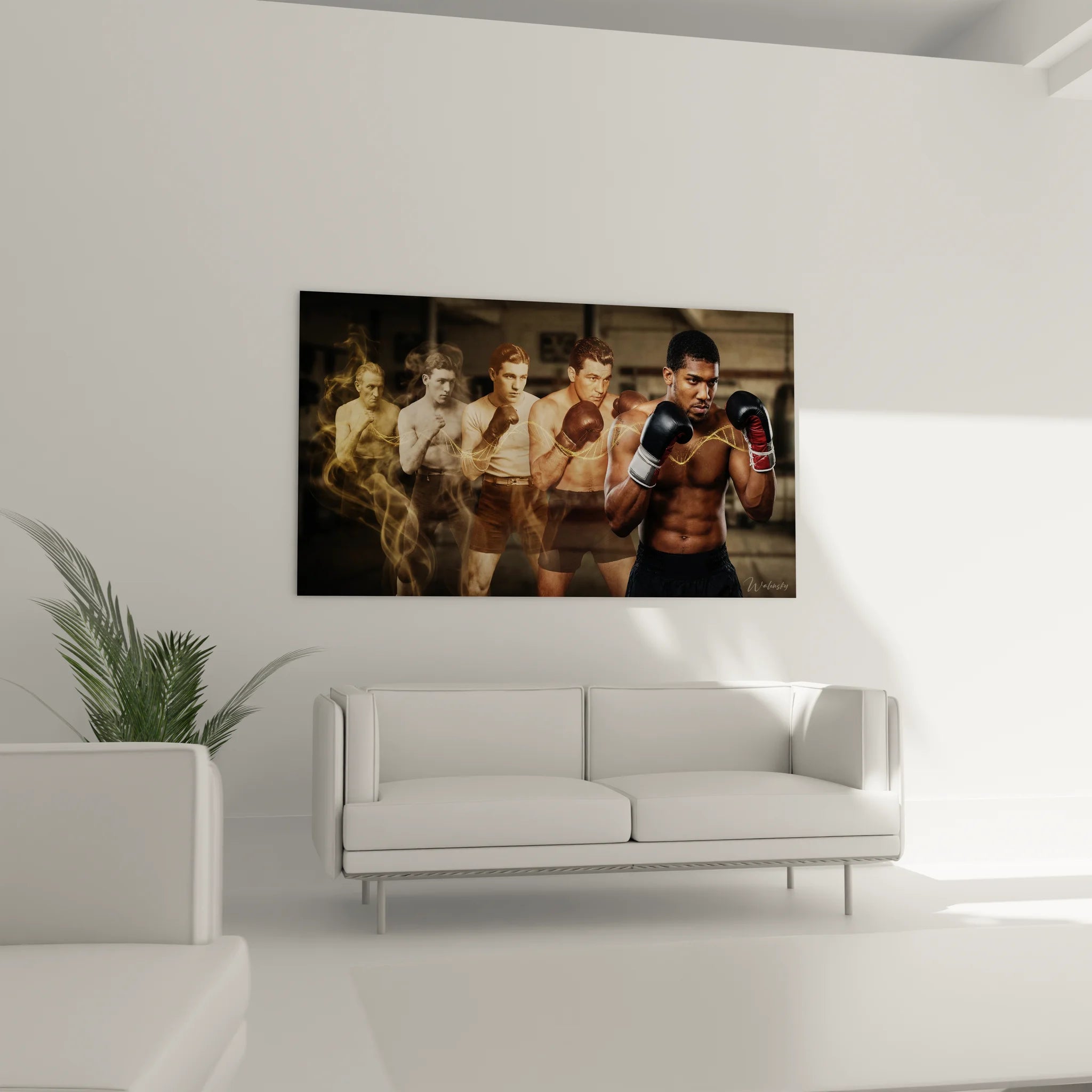 Gros plan tableau boxe détaillant technique superposition et effets fumée dorée entre générations