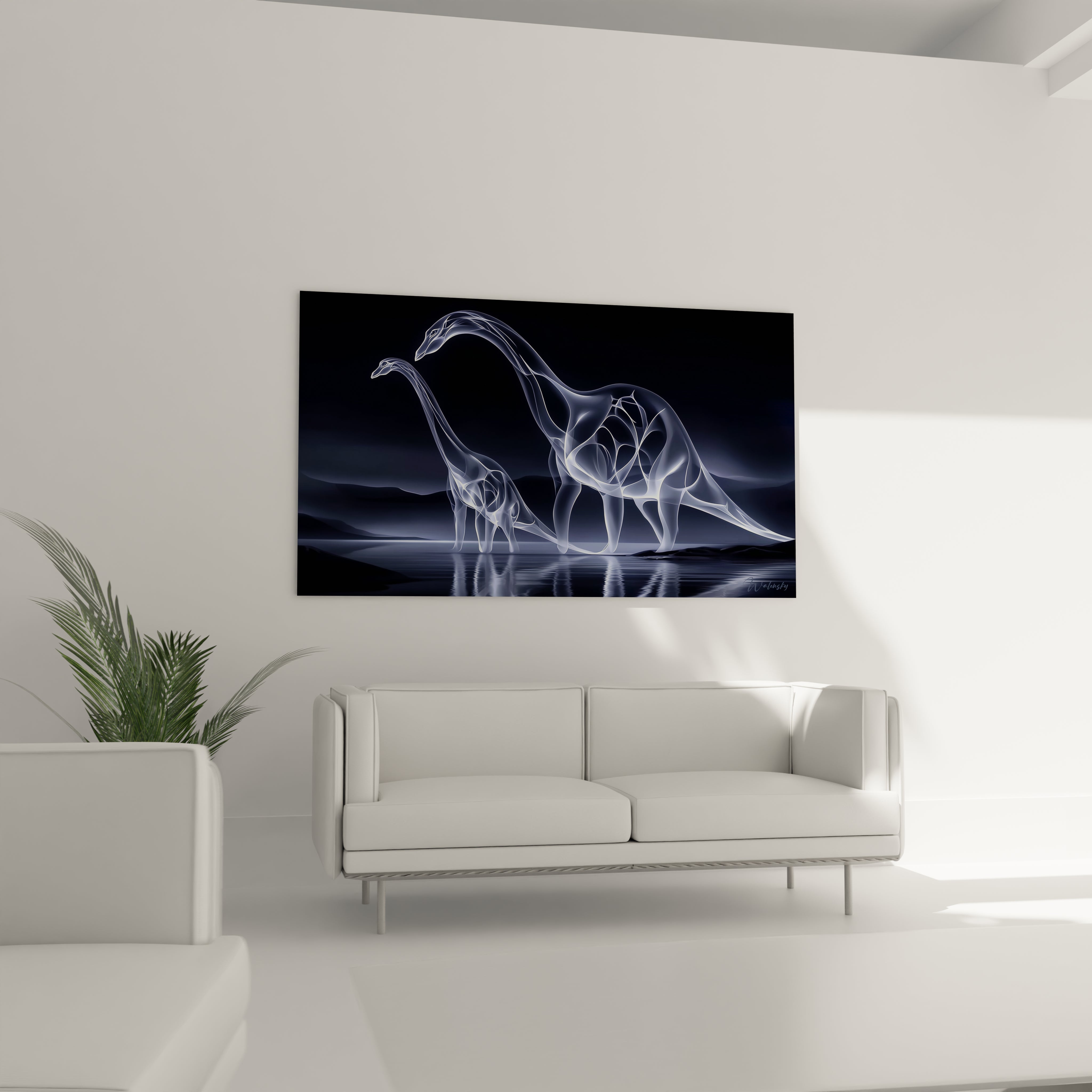 Gros plan tableau art dinosaure brontosaure effet lumineux néon détails transparence bleue